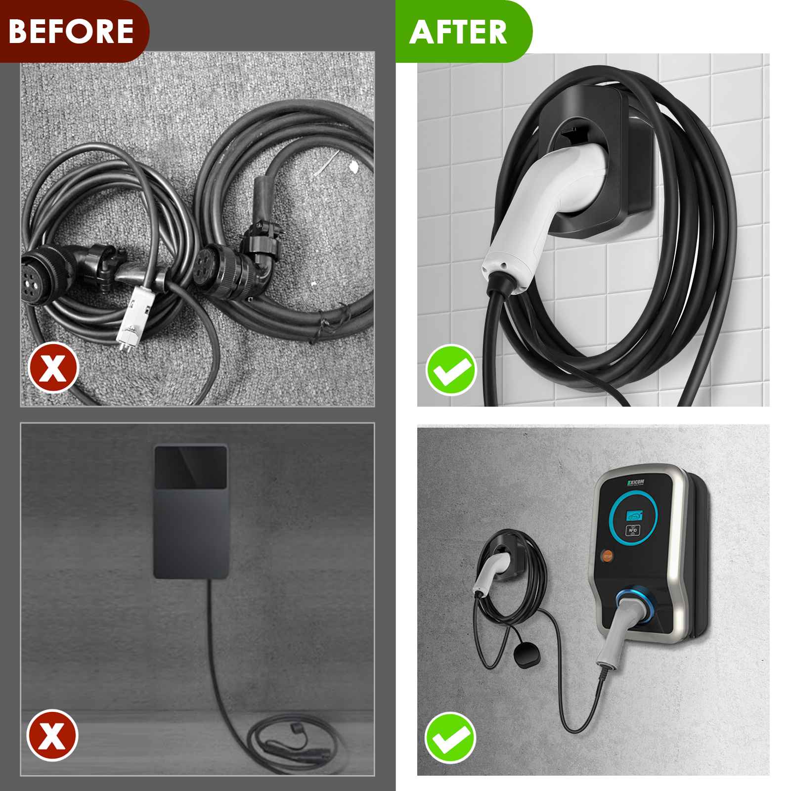 Before and after comparison showing Rheidon EV cable holder improving Type 2 EV charging cable organization for cleaner home or garage setup