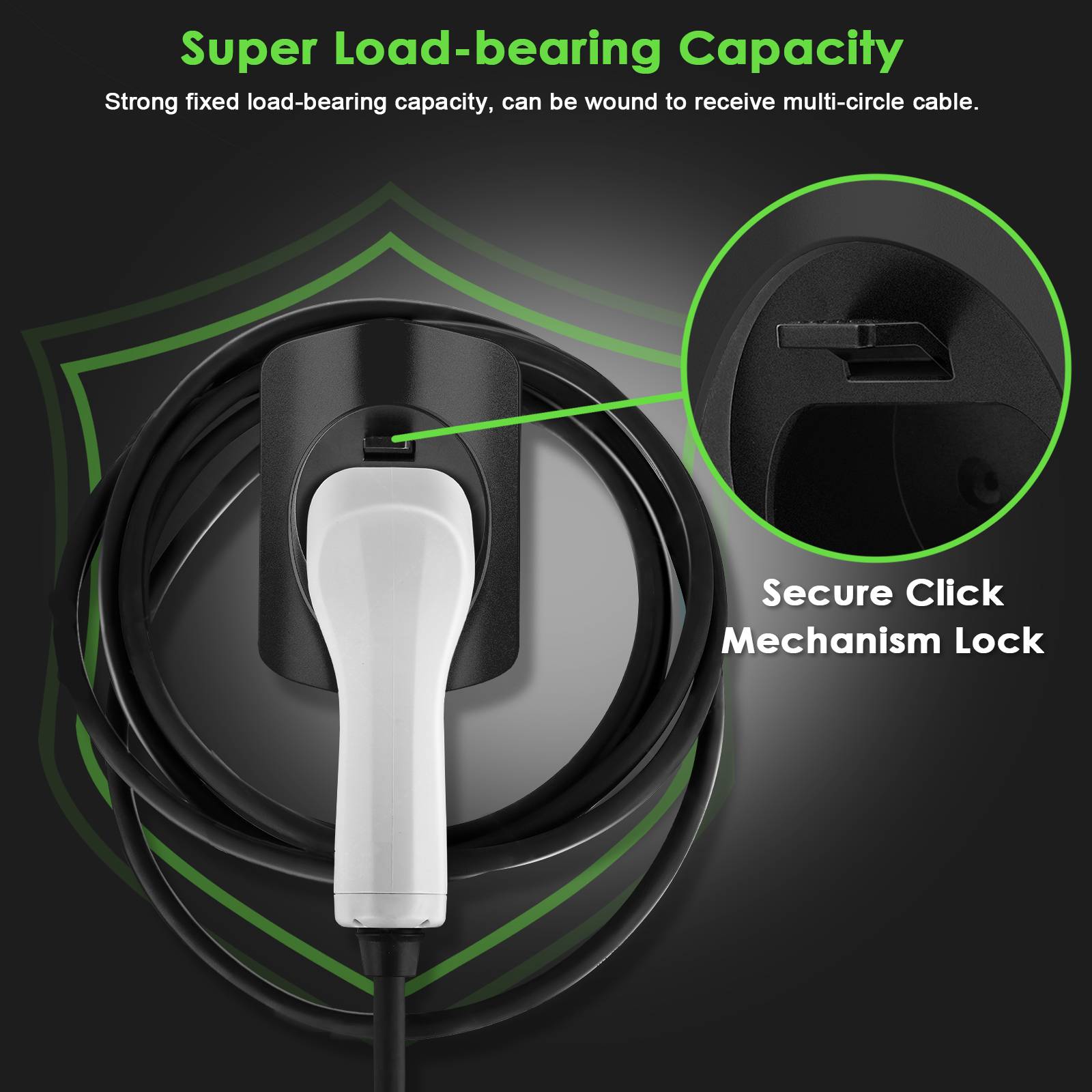 Rheidon wall-mounted EV cable holder with heavy-duty lock and strong load support for Type 2 charging cable