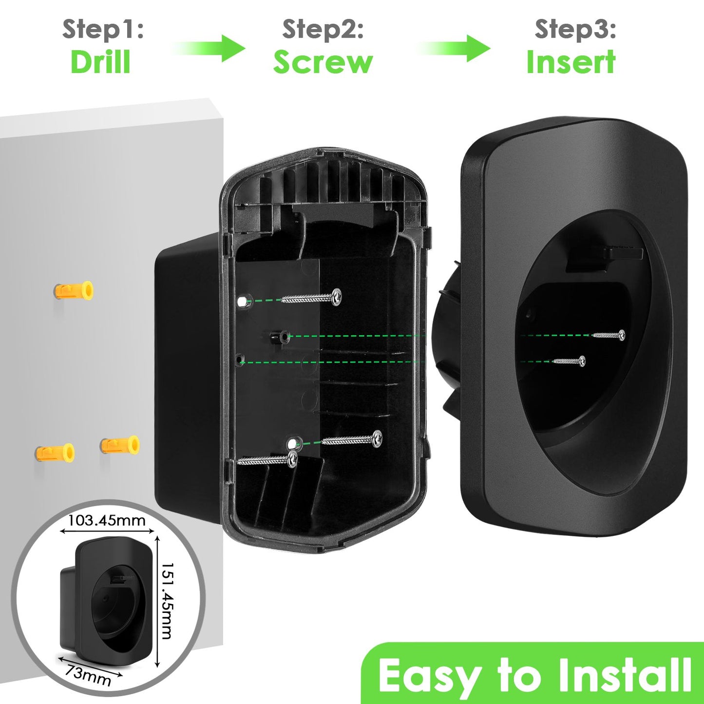 Rheidon EV charging cable holder wall mount installation guide showing drill, screw, and insert steps with product dimensions