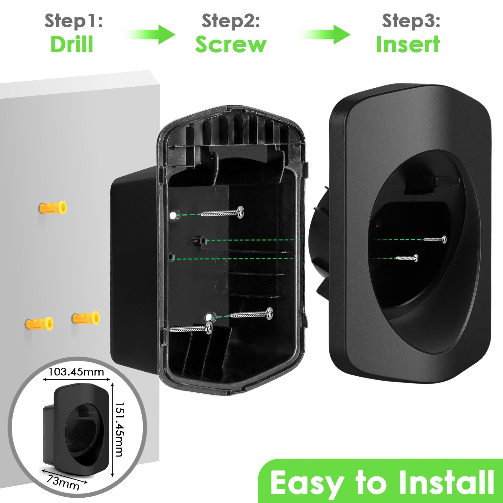 Rheidon EV charging cable holder wall mount installation guide showing drill, screw, and insert steps with product dimensions