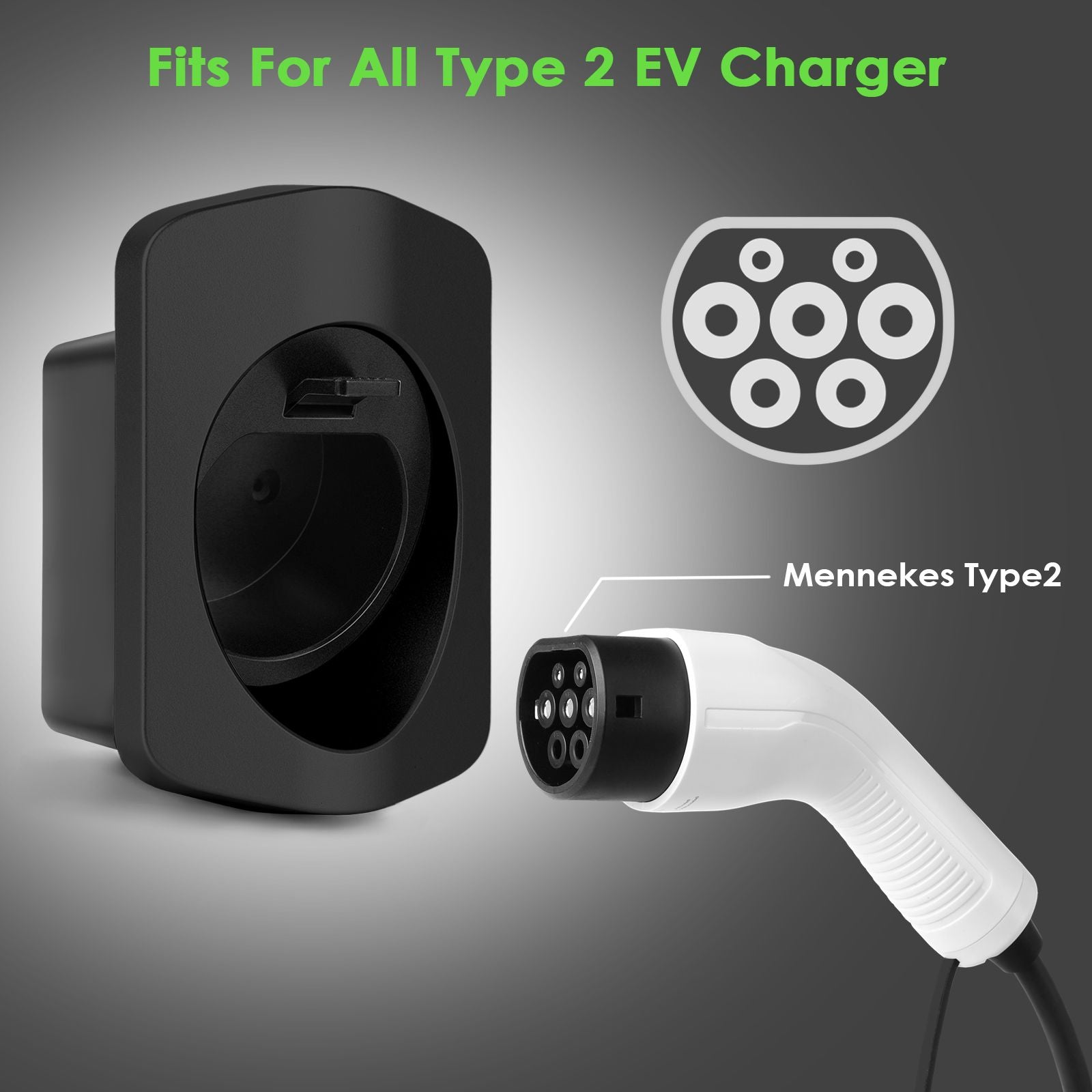 Rheidon EV charging cable holder compatible with Type 2 connectors, designed for all standard Type 2 EV chargers
