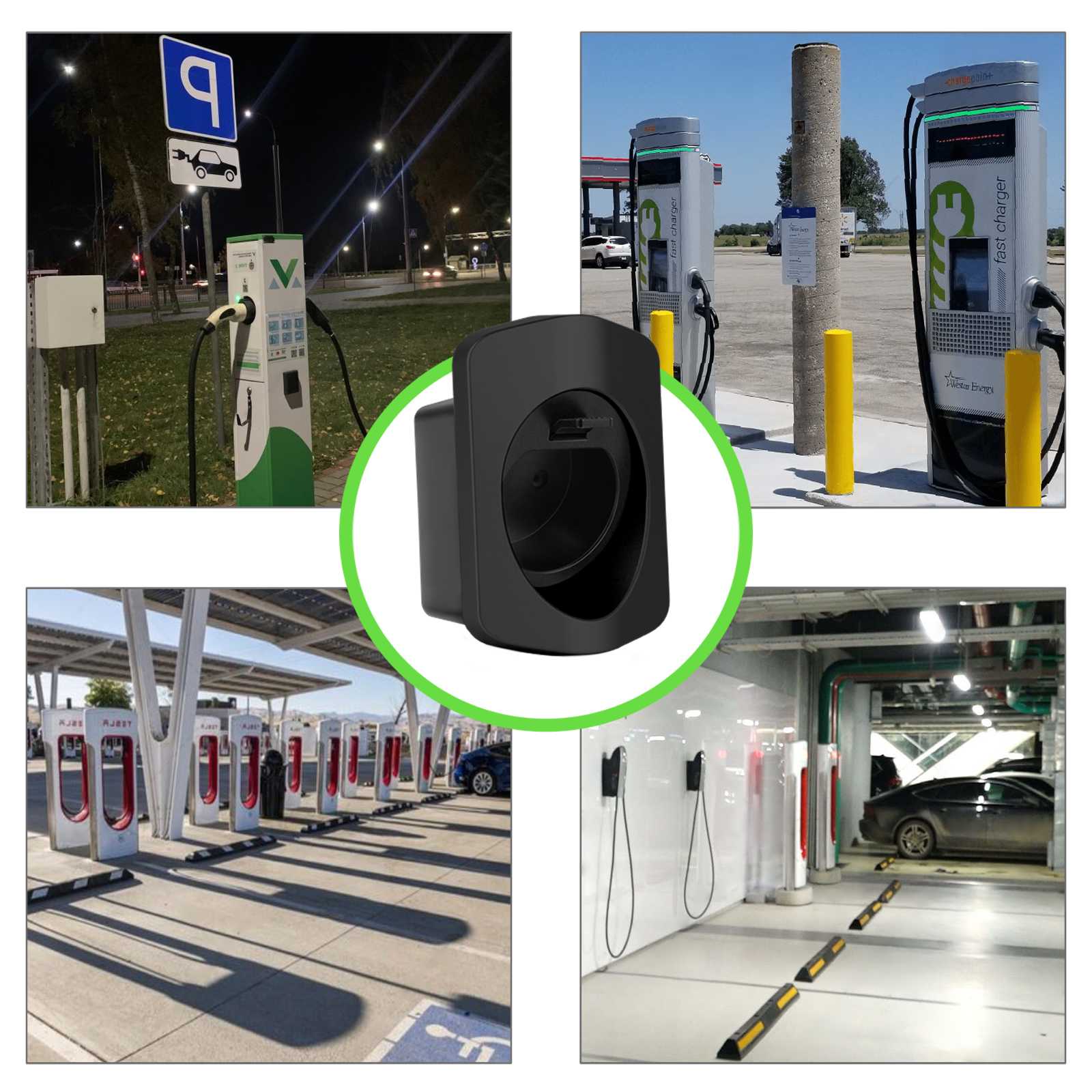 Rheidon EV charging cable holder shown in multiple usage scenarios including residential garages, outdoor stations, and commercial charging setups