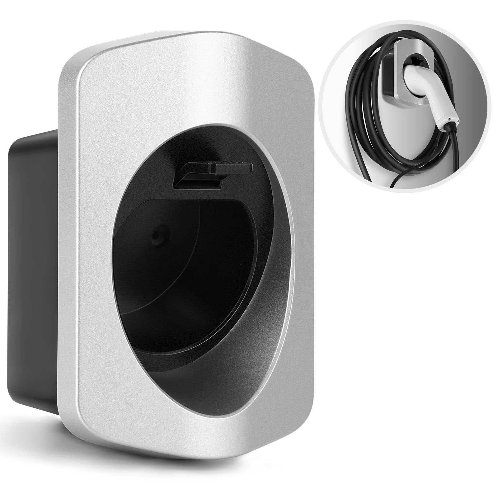 Rheidon silver wall-mounted Type 2 EV charging cable holder with secure locking design, compatible with Type 2 plugs for tidy storage
