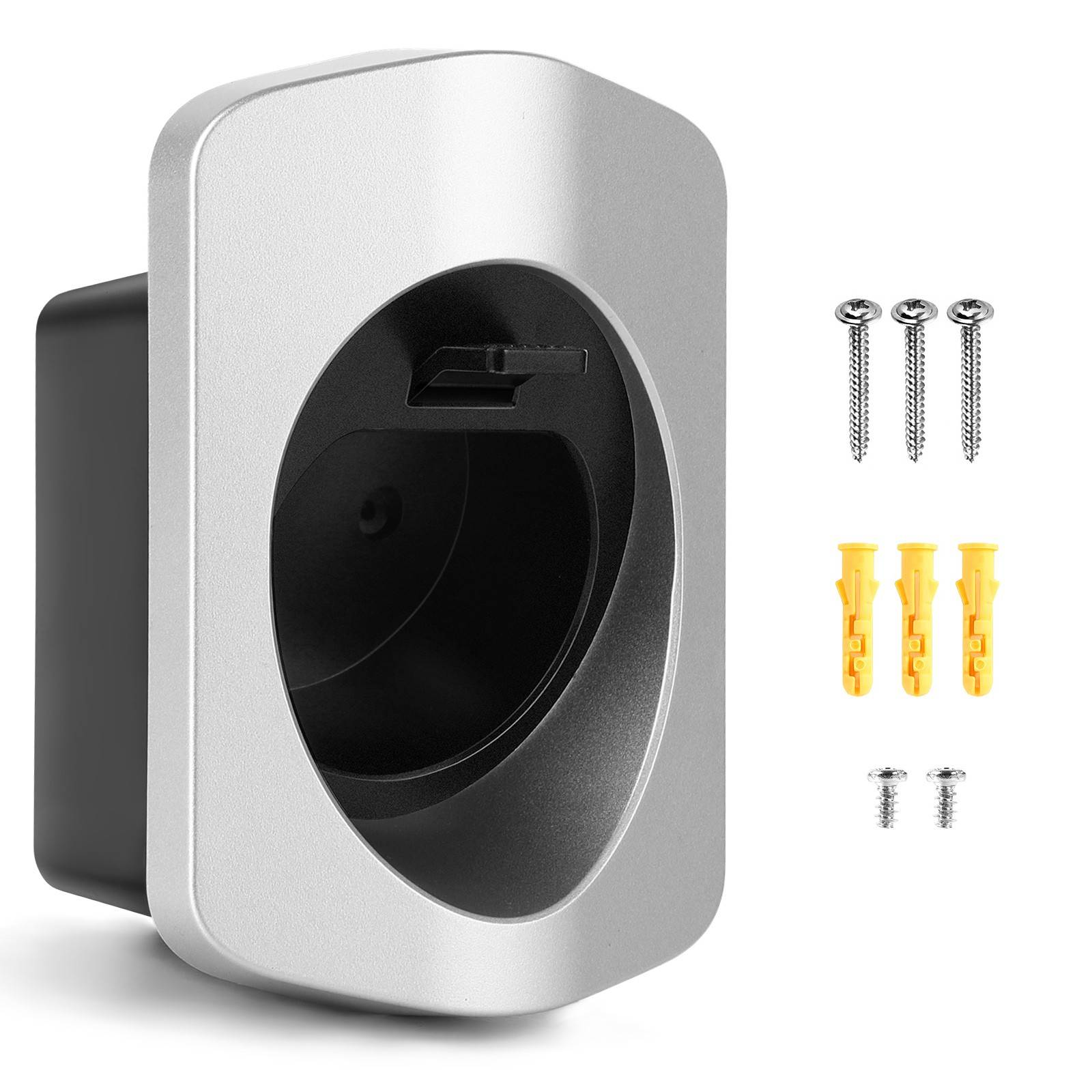 Rheidon silver Type 2 EV charging cable holder with wall-mount screws and anchors, durable cable organizer for EV garages and stations