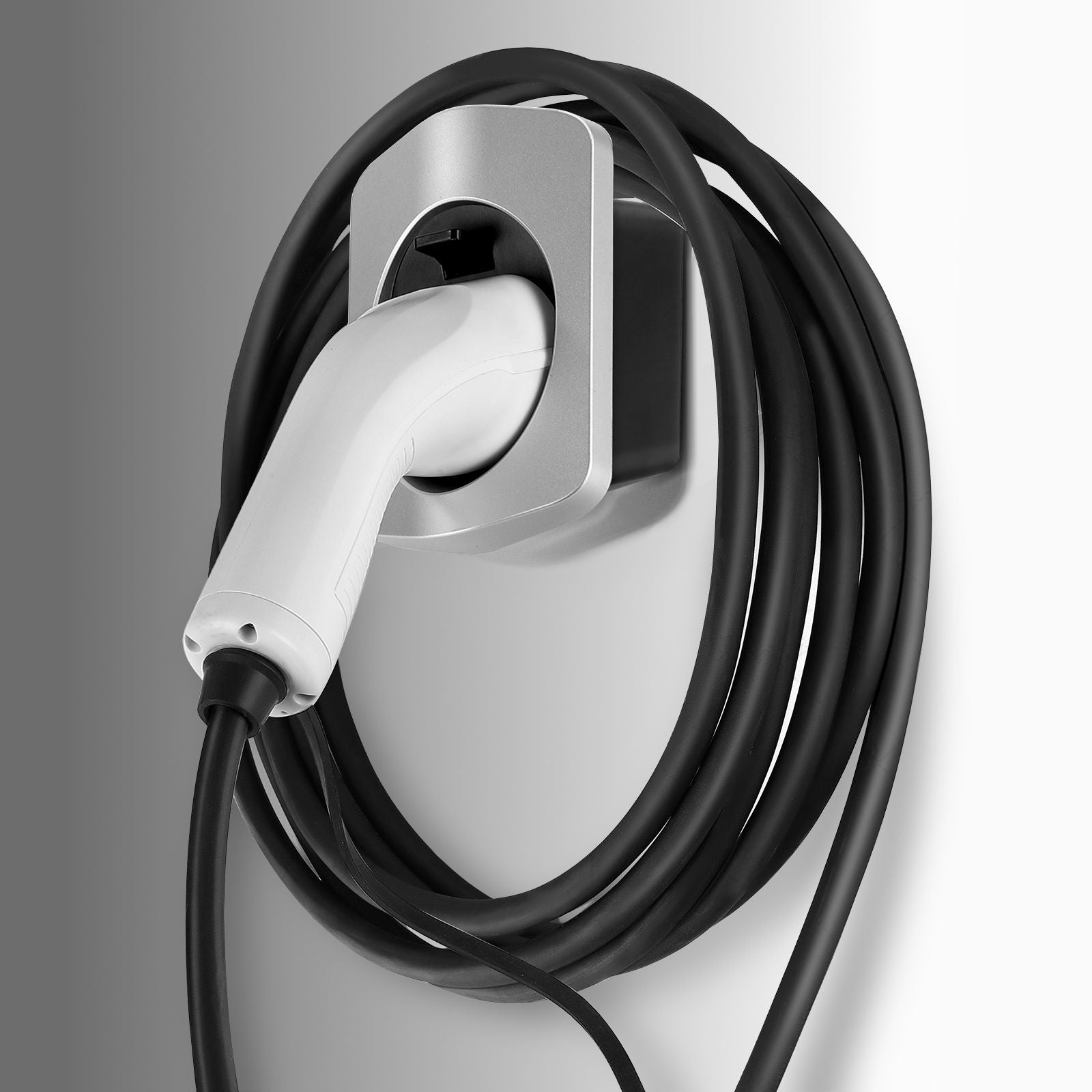 Rheidon silver wall-mounted Type 2 EV charging cable holder with coiled cable and connector for organized garage storage