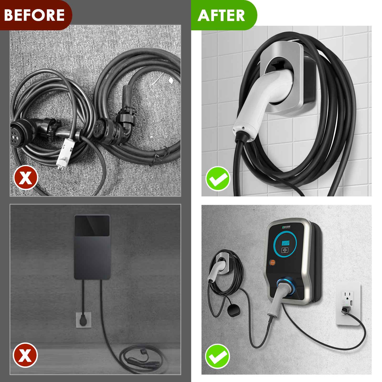 Before and after comparison of Rheidon Type 2 EV charging cable holder showing neat wall-mounted storage vs tangled cables on floor