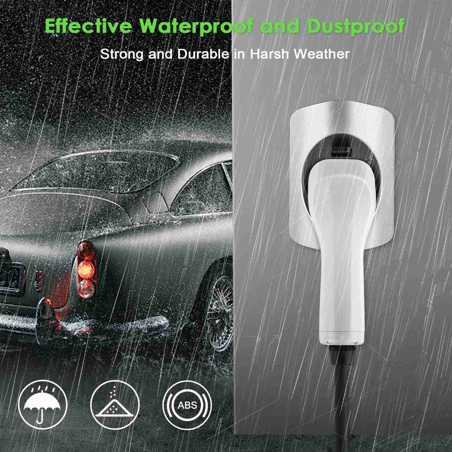 Rheidon Weatherproof EV charger holder, designed to protect Type 2 plugs in harsh rain and dust conditions