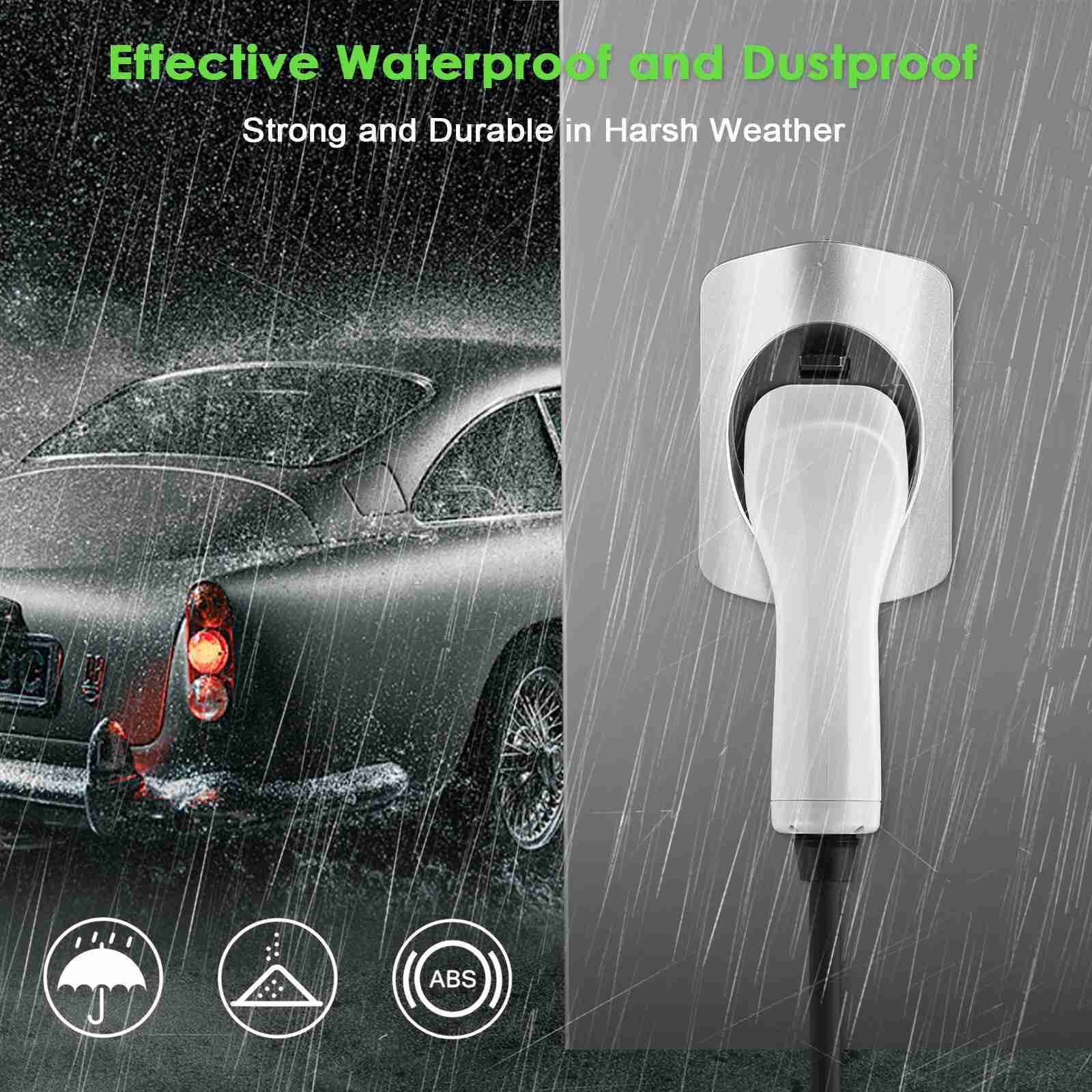 Rheidon Weatherproof EV charger holder, designed to protect Type 2 plugs in harsh rain and dust conditions