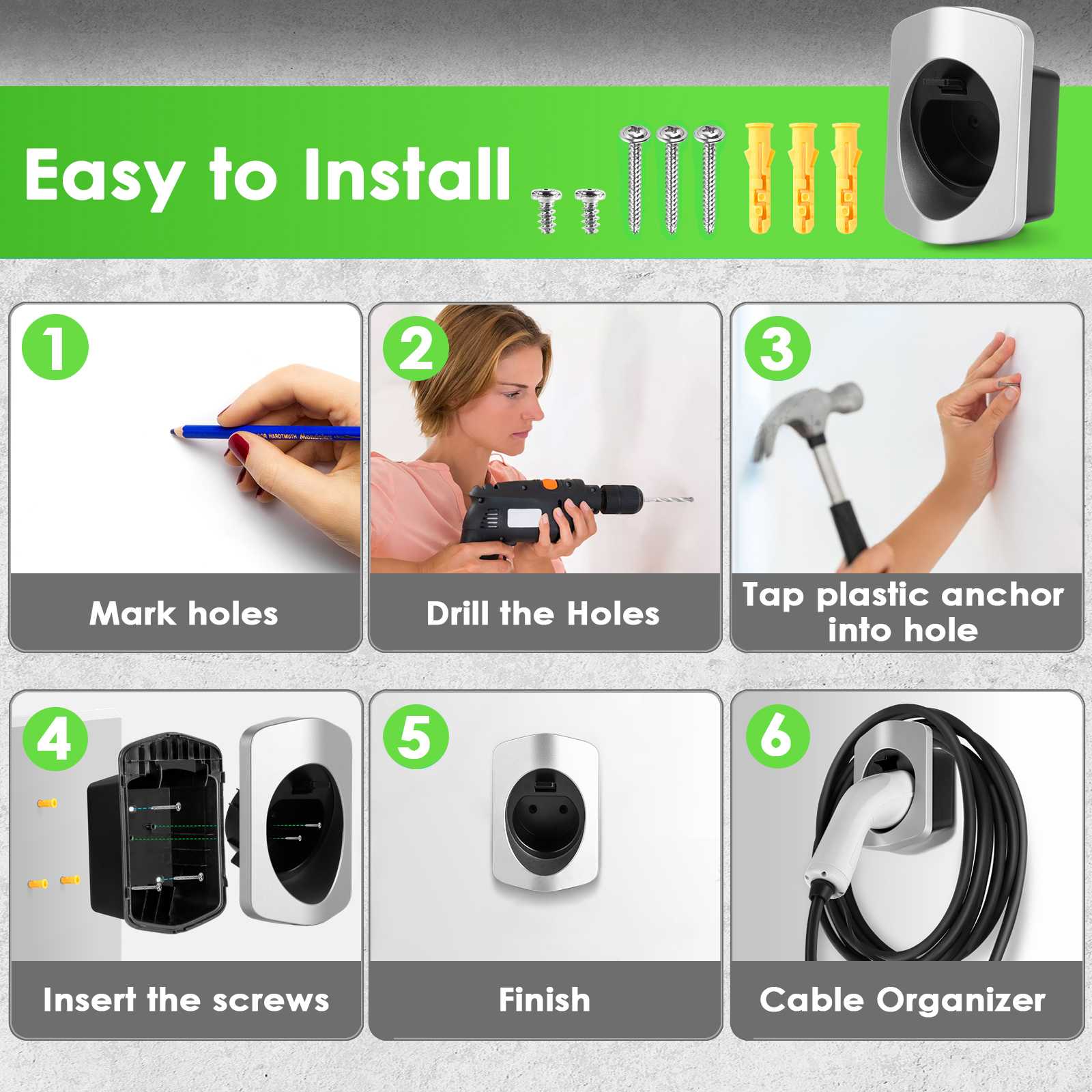 Rheidon Type 2 EV charger holder 6-step wall installation guide with tools: mark, drill, anchor, screw, finish, organize cable