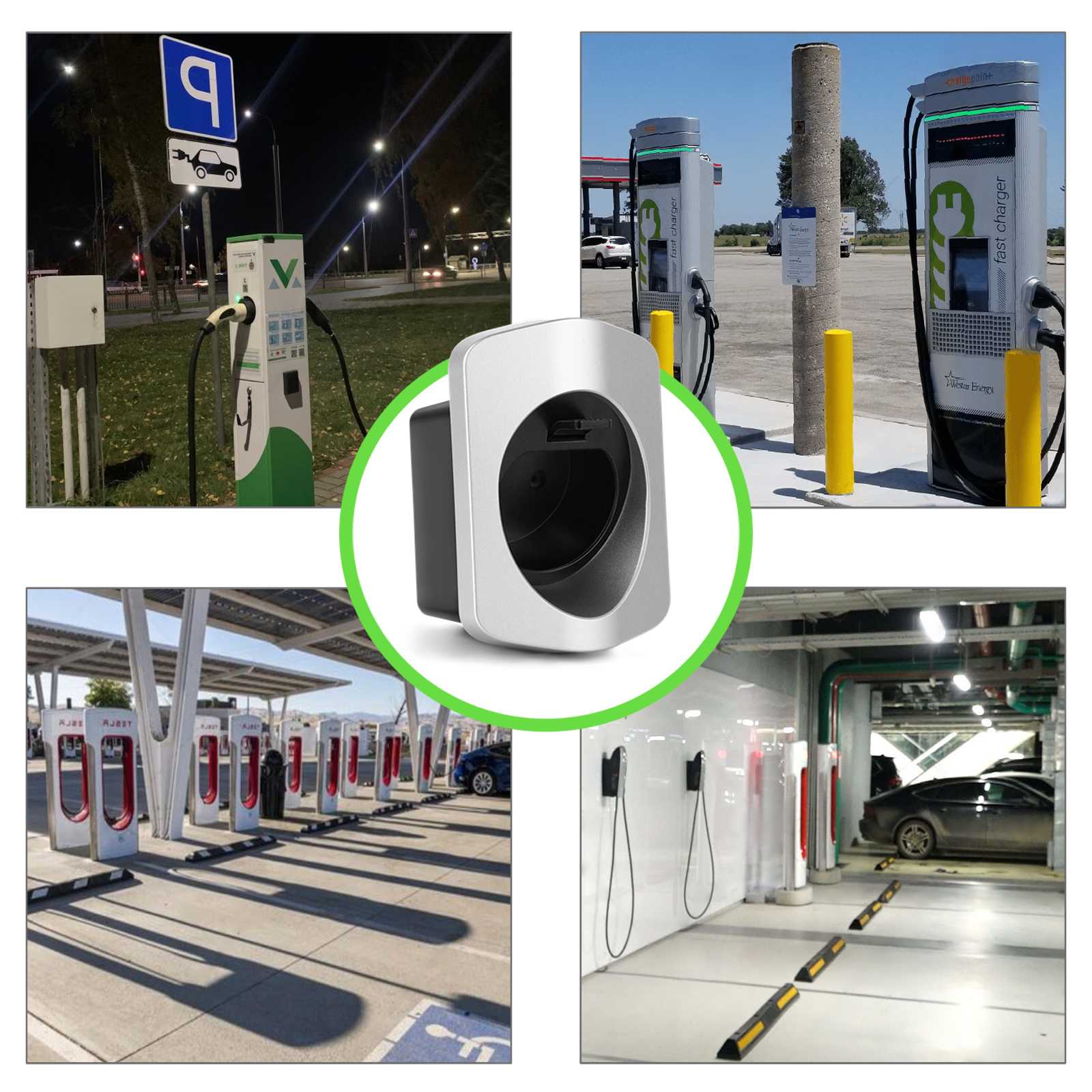 Rheidon EV charger holder compatible with all Type 2 connectors, shown across various charging environments: indoor garage, outdoor station, parking lot