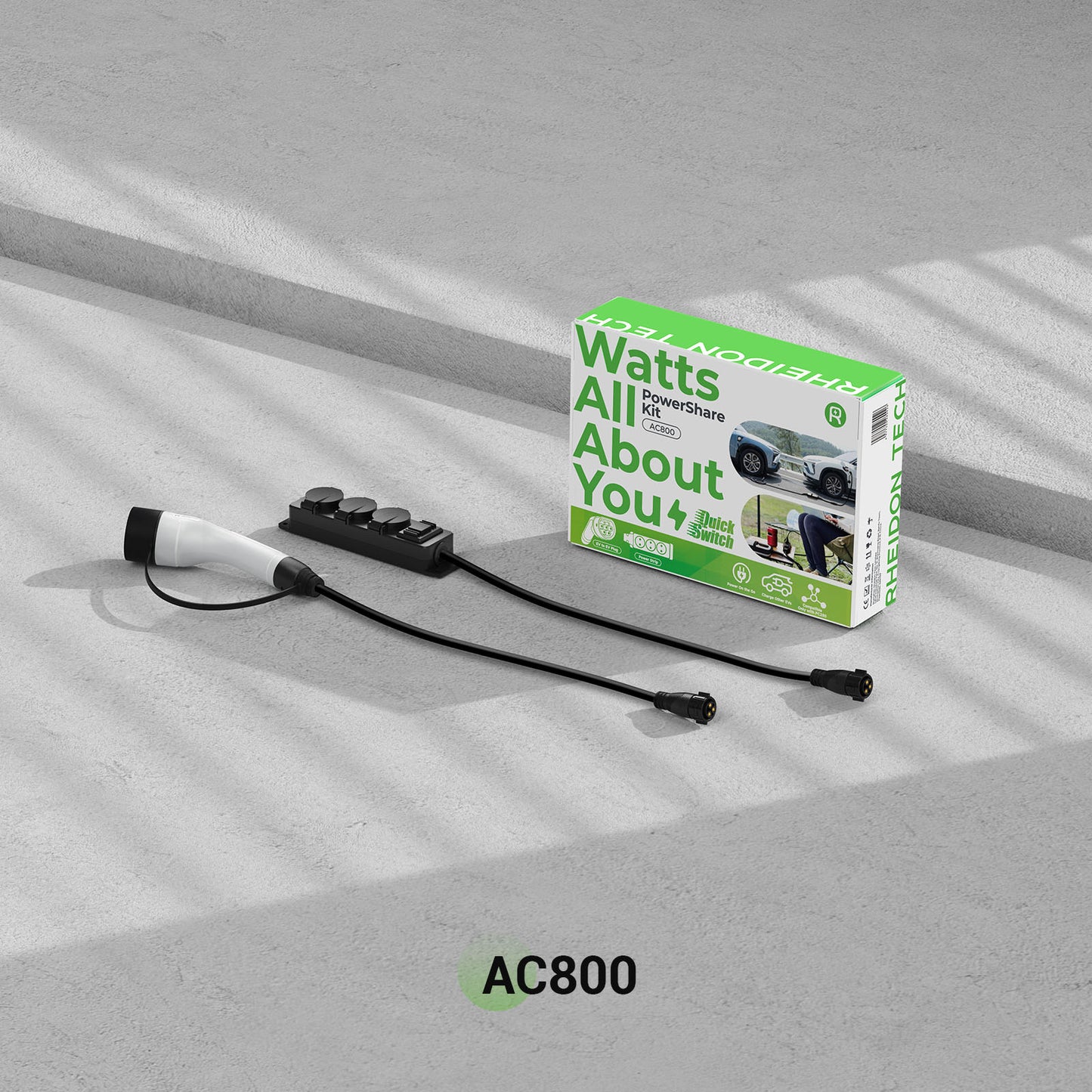 Rheidon AC800 PowerShare kit with 4-outlet EV charging power strip, Type 2 connector cable, and branded packaging for modular home charging