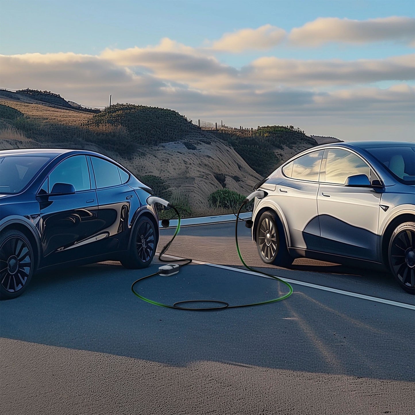 Rheidon bi-directional EV charger enabling car-to-car charging with dual Type 2 connectors