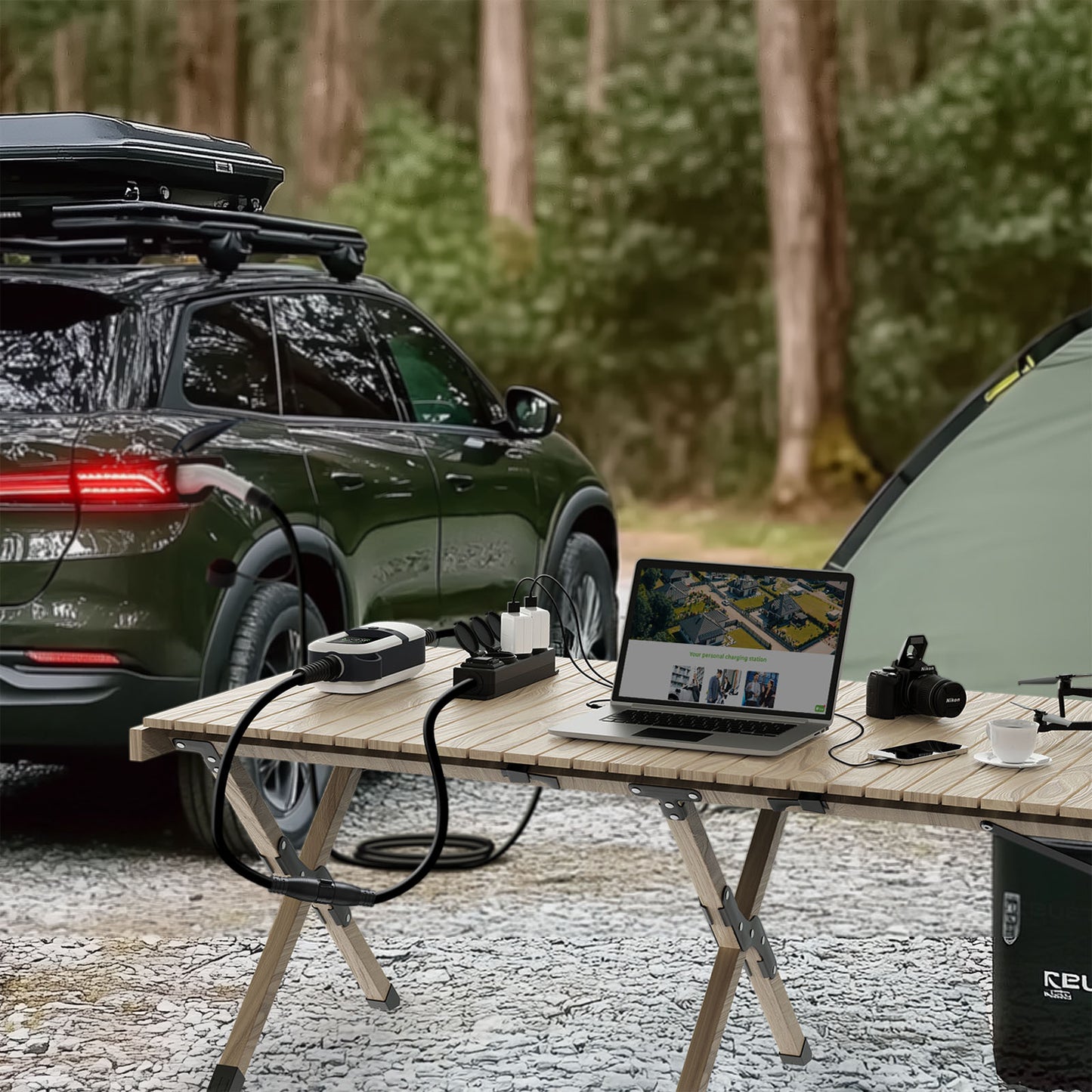 Outdoor camping scene with electric SUV powering a laptop, camera, and devices via Rheidon AC800 EV charger and power strip on a wooden table