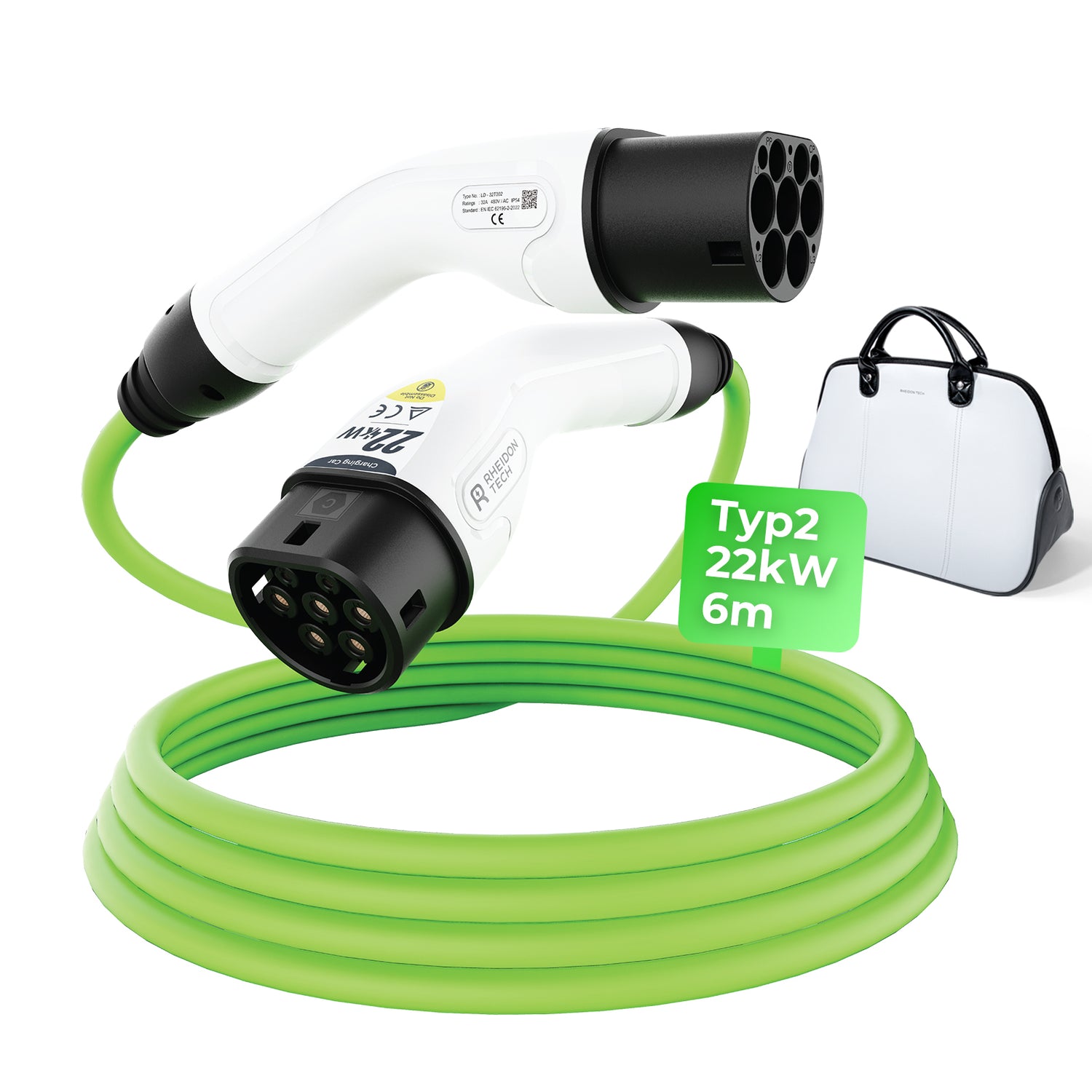 Rheidon 22kW Type 2 EV charging cable with ergonomic connectors, 6-meter length, green cable, and storage bag included