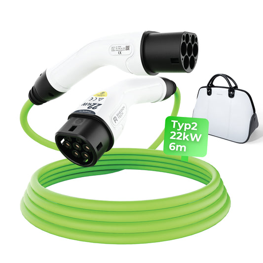 Rheidon 22kW Type 2 EV charging cable with ergonomic connectors, 6-meter length, green cable, and storage bag included