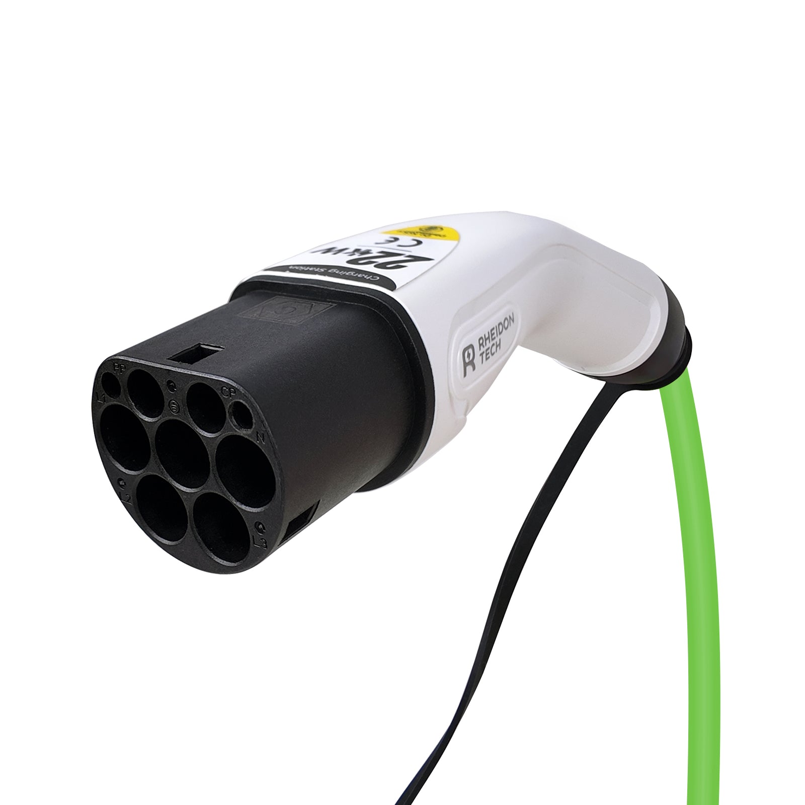 Rheidon Type 2 EV plug with 7-pin socket, 22kW label and green cable