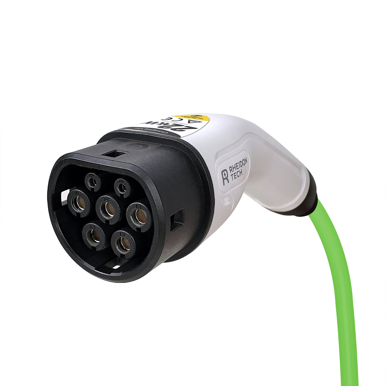 Rheidon 22kW Type 2 EV charging connector with visible pin layout and ergonomic handle, for electric car fast charging
