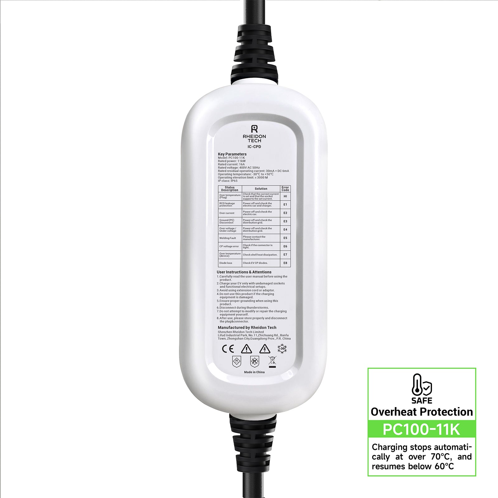 Back view of Rheidon 11kW EV charger (PC100-11K) showing safety labels, fault codes, 3-phase 16A input, and overheat protection marking
