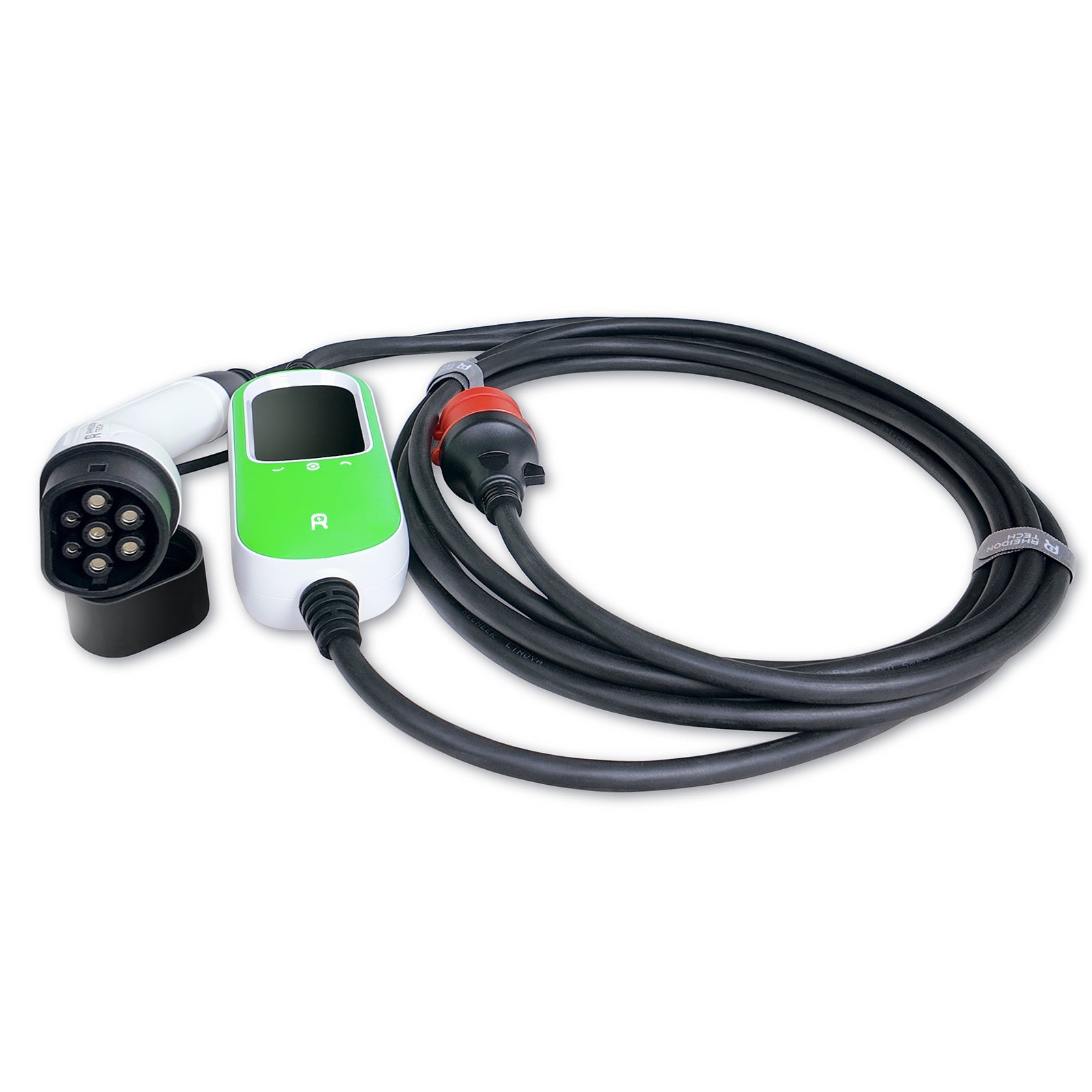 Rheidon PC100-11K 11kW EV charger with red 16A three-phase CEE plug and Type 2 connector, coiled cable, and green LCD control box