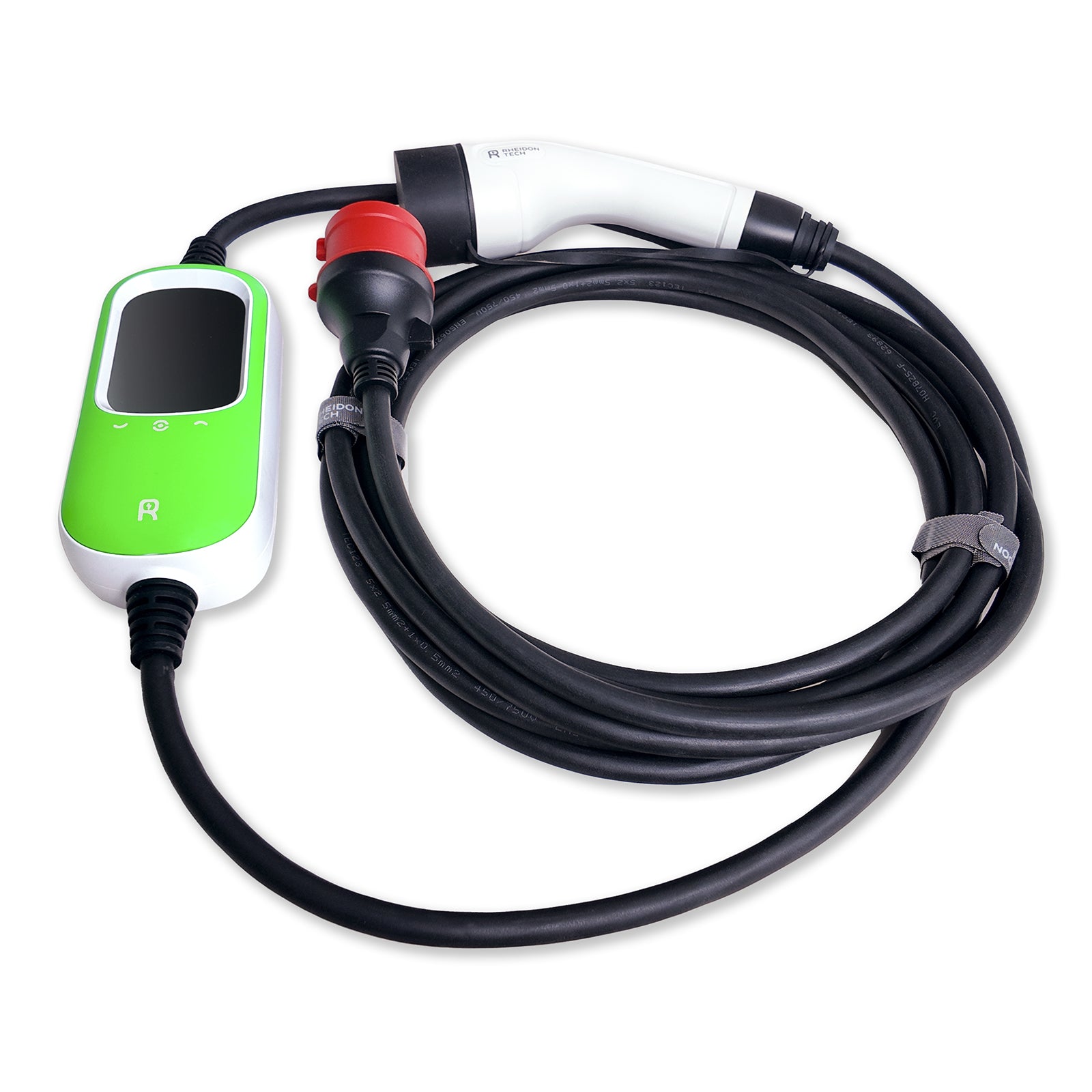 Rheidon 11kW portable EV charger with 16A red CEE plug, Type 2 charging cable, and smart LCD display