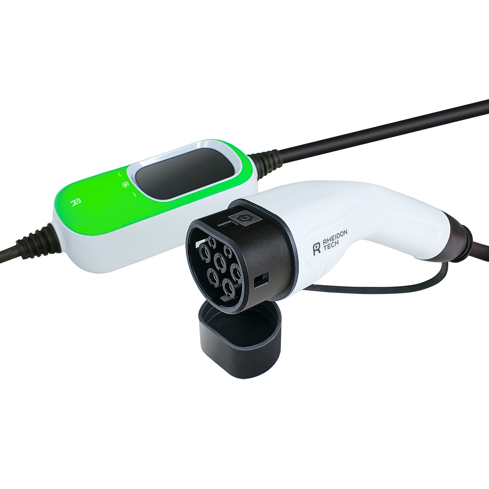Close-up of Rheidon EV charger with Type 2 connector and protective cap, portable design with LED display housing