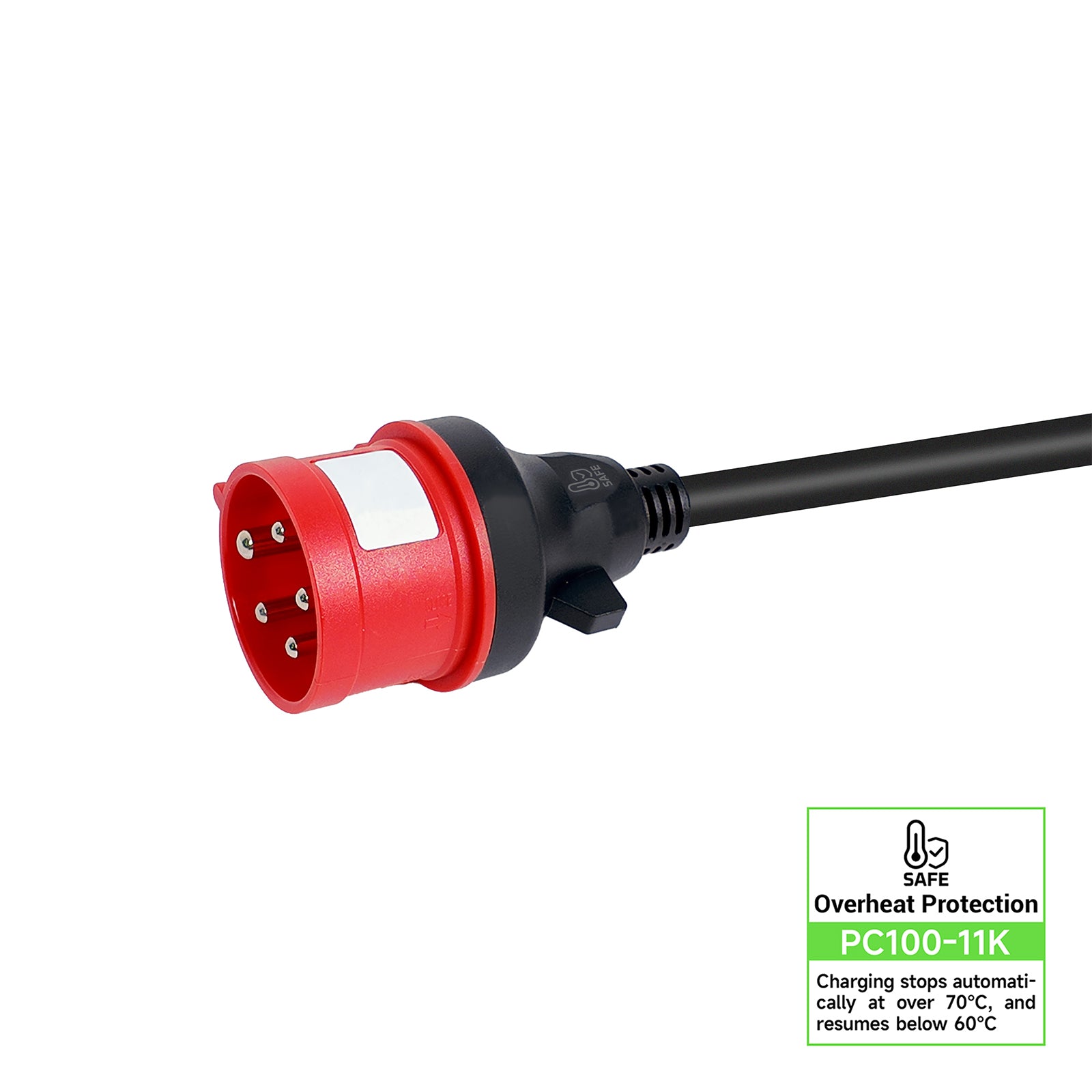 Red 16A 5-pin CEE plug for Rheidon 11kW 3-phase EV charger with temperature protection