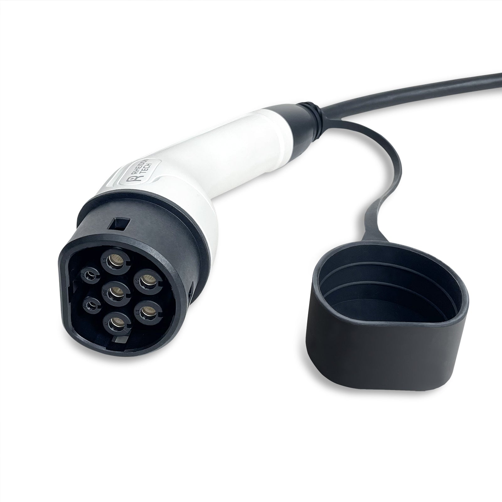 Close-up of Rheidon Type 2 EV charging plug with protective dust cap, compatible with IEC 62196-2 standard vehicles