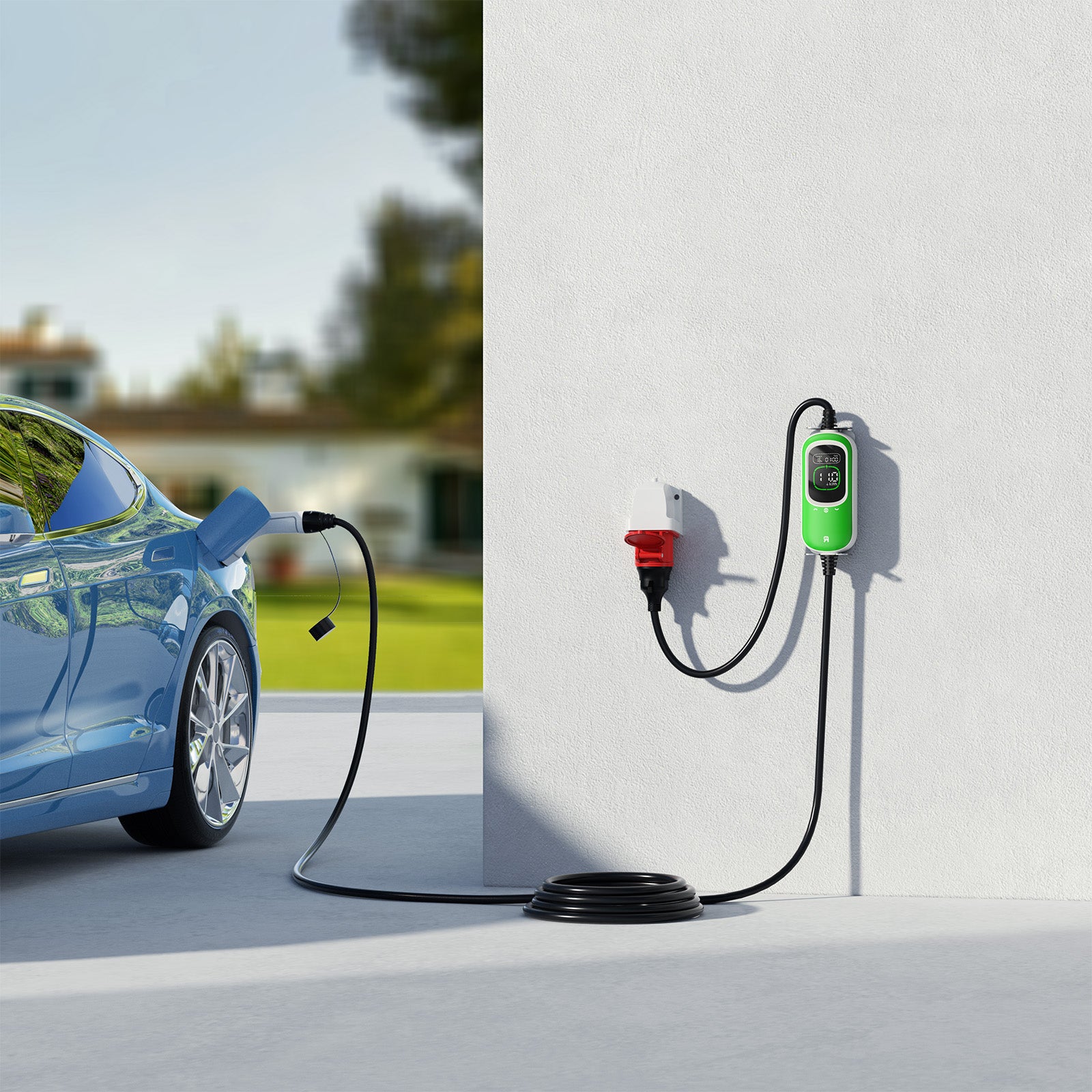 Rheidon 11kW EV charger connected to a red 16A 3-phase CEE socket, charging a blue electric car outdoors