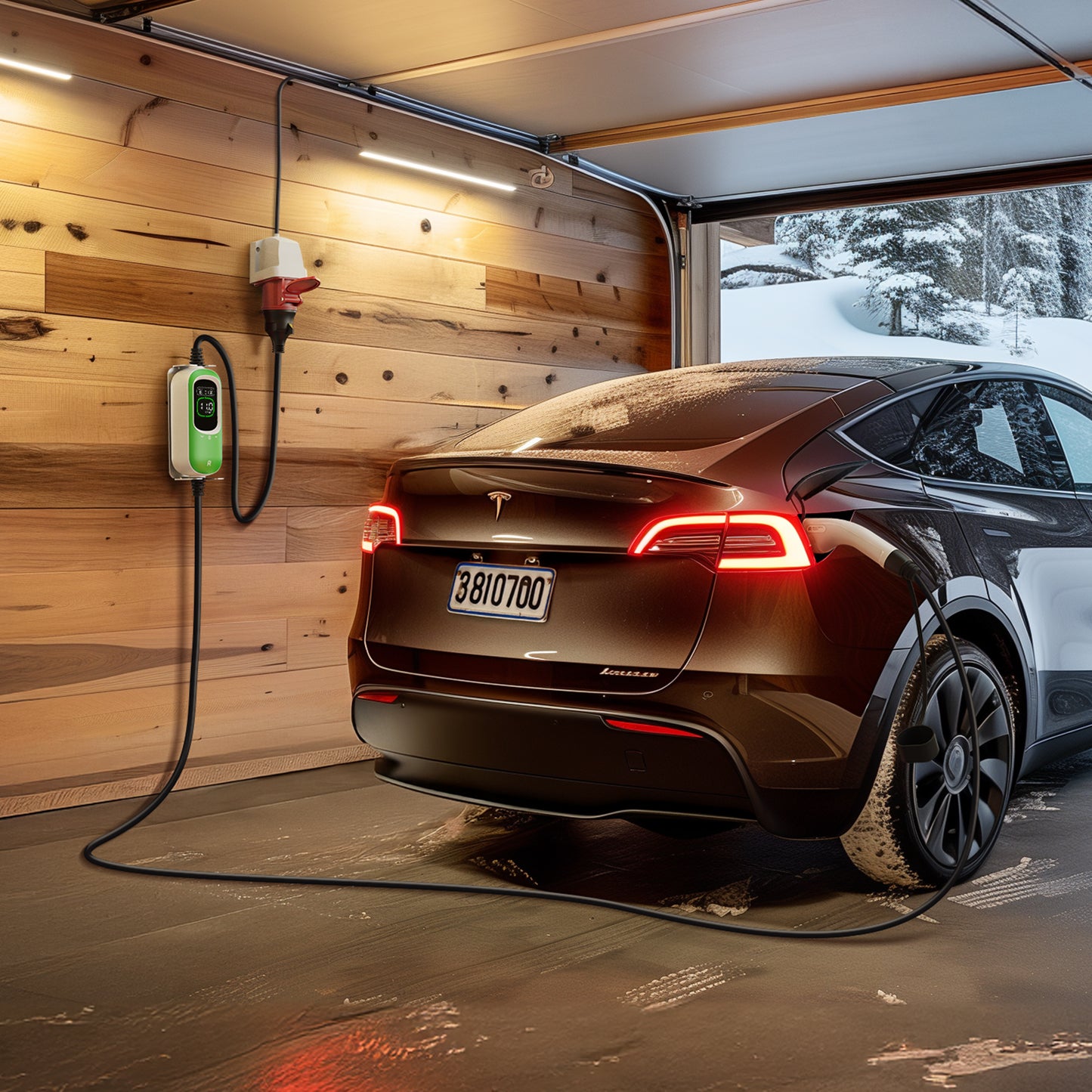 Rheidon 11kW EV charger with red 3-phase CEE plug, wall-mounted and charging electric car in winter garage