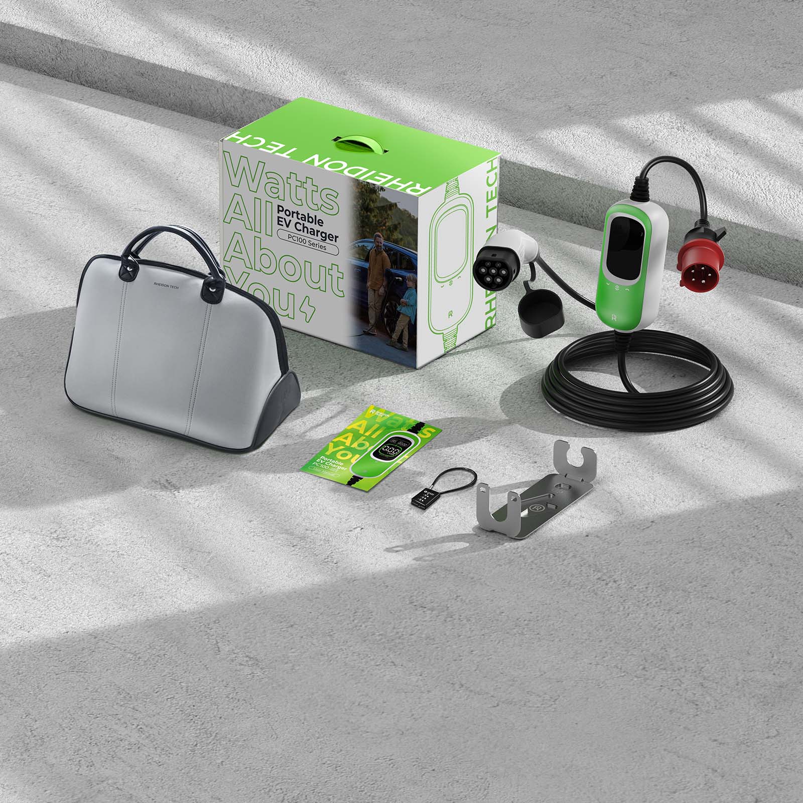 Complete set of Rheidon PC100-11K 11kW portable EV charger with accessories, carry bag, lock and packaging