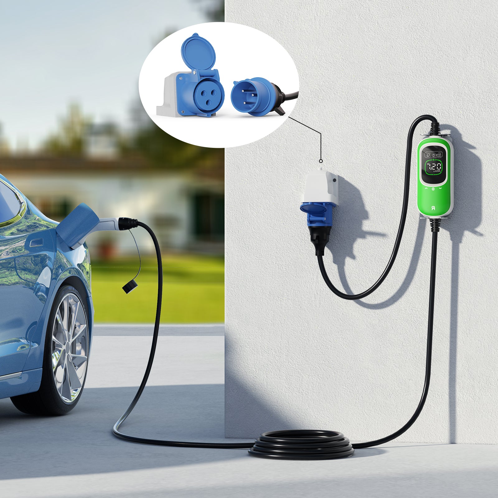 Rheidon 7.2 kW Portable EV Charger plugged into 32A CEE wall socket, charging electric vehicle outdoors