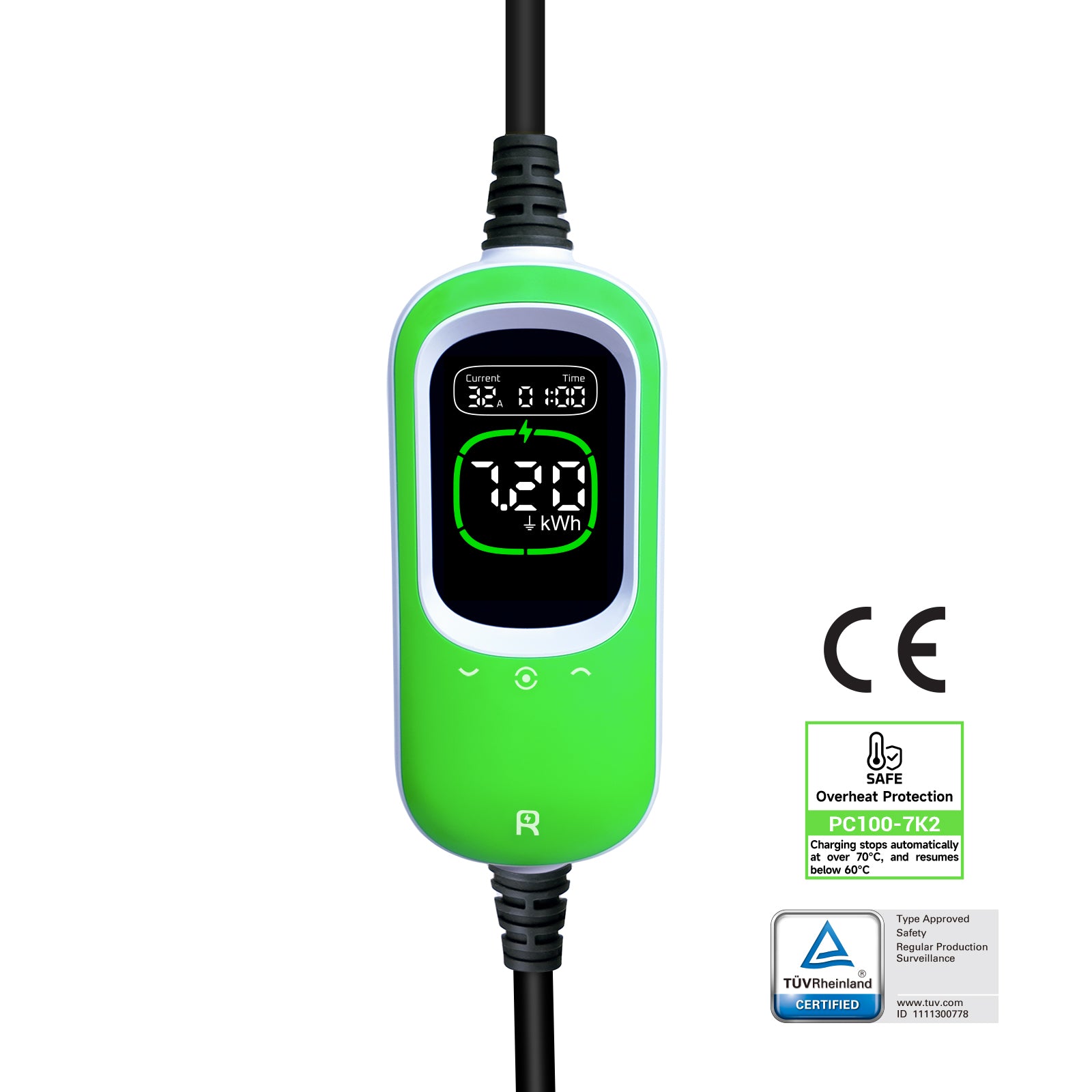 Rheidon PC100-7K2 7.2kW Portable EV Charger with Type 2 plug, CE certified, overheating protection