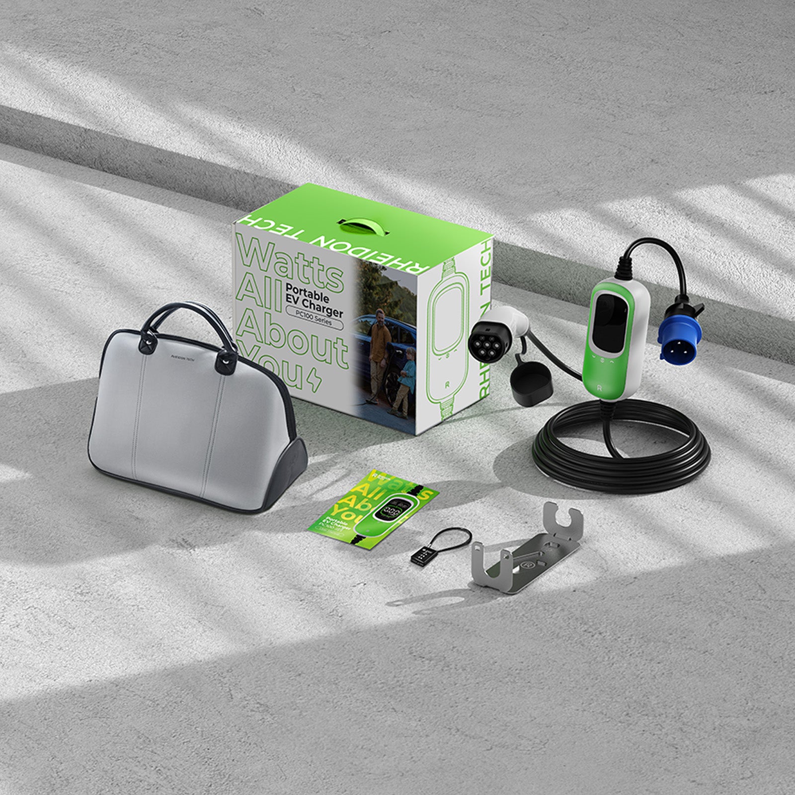 Rheidon PC100-7K2 EV charger with 32A plug, storage bag, wall mount, lock and packaging set