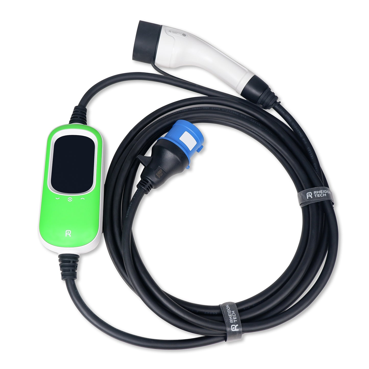Rheidon PC100-7K2 7.2kW portable EV charger with Type 2 plug and blue CEE 32A industrial socket, for electric vehicles charging.