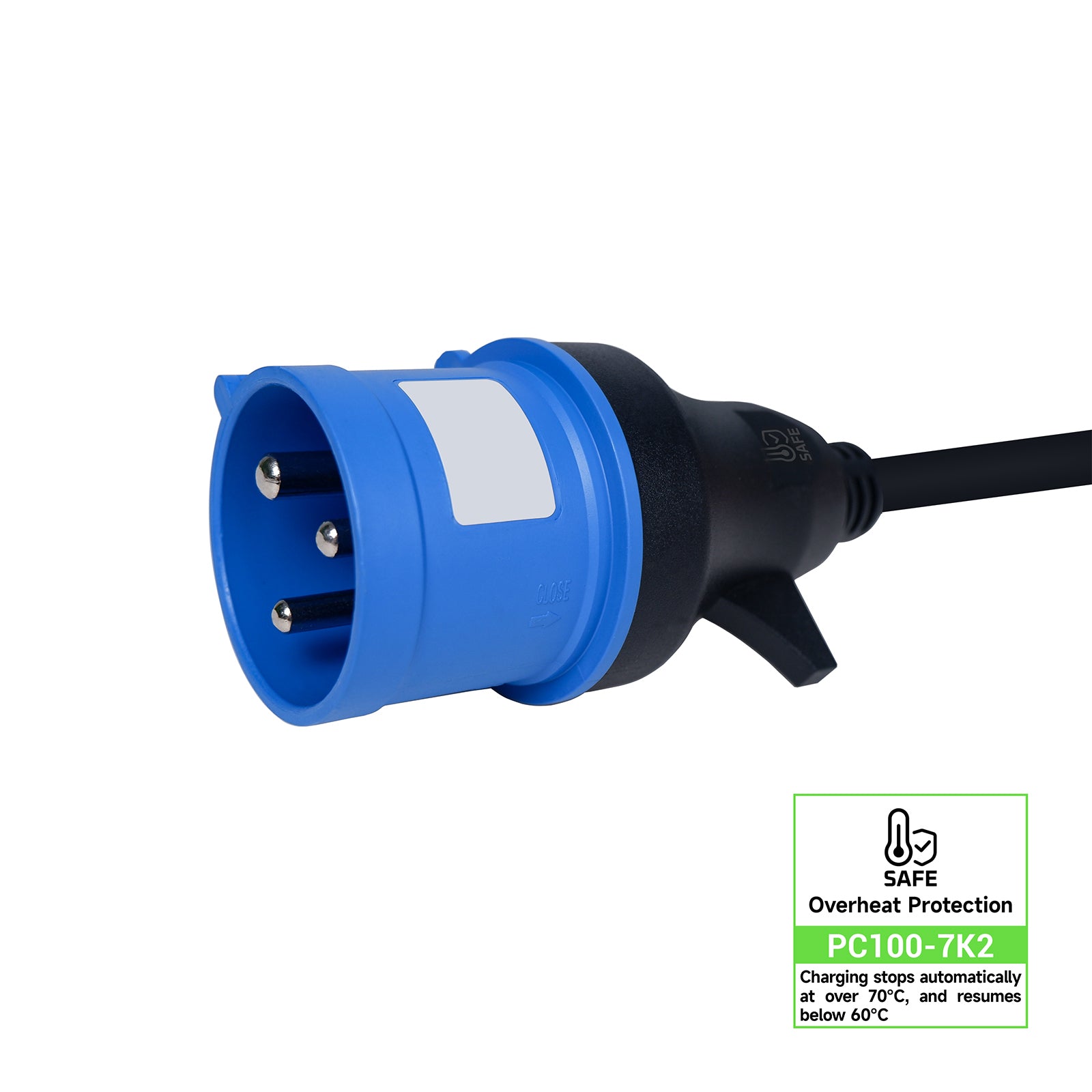Rheidon PC100-7K2 EV charger with 32A blue CEE plug for 7.2kW single-phase charging