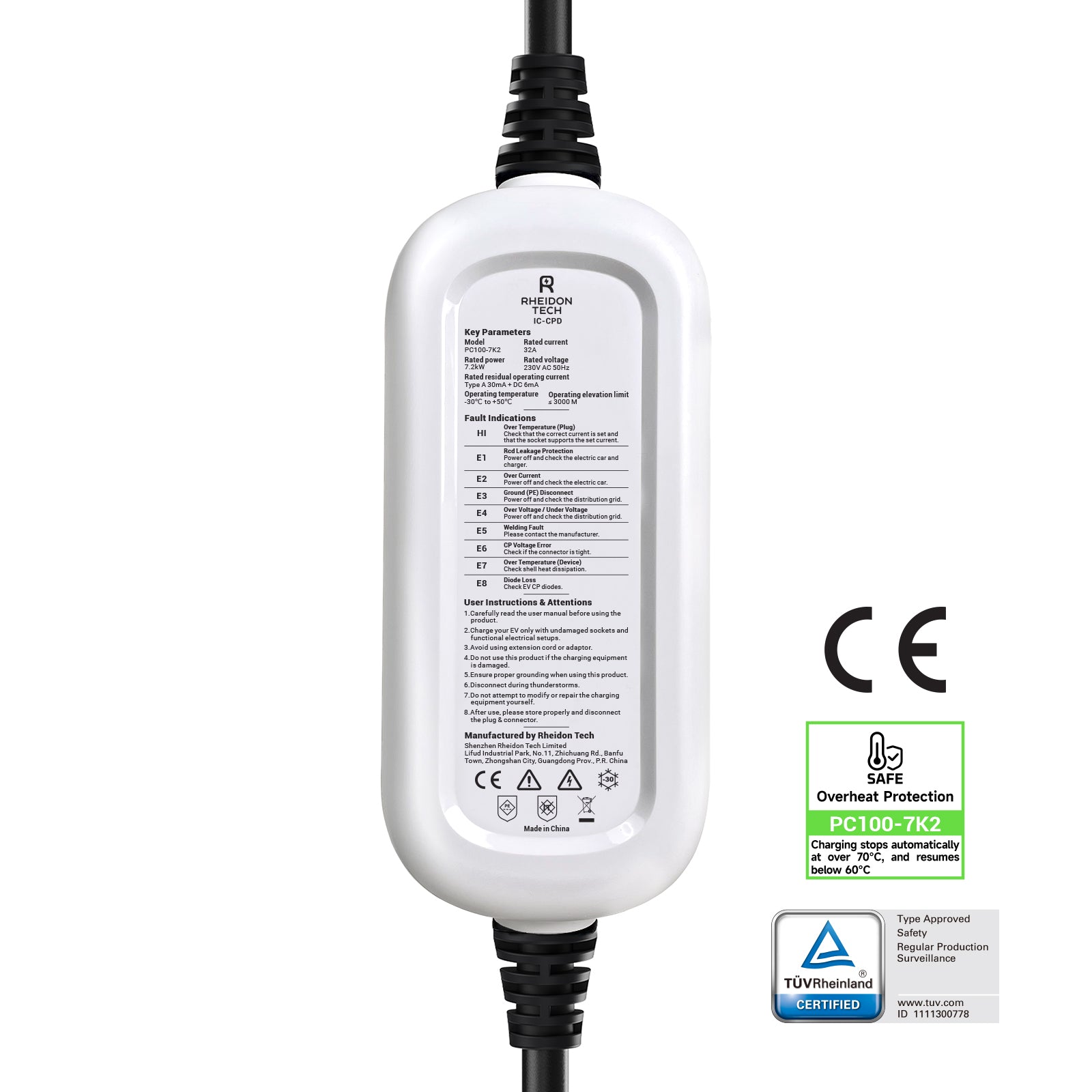 Back view of Rheidon PC100-7K2 portable EV charger showing safety labels, key parameters, fault codes, and CE/TÜV certification.