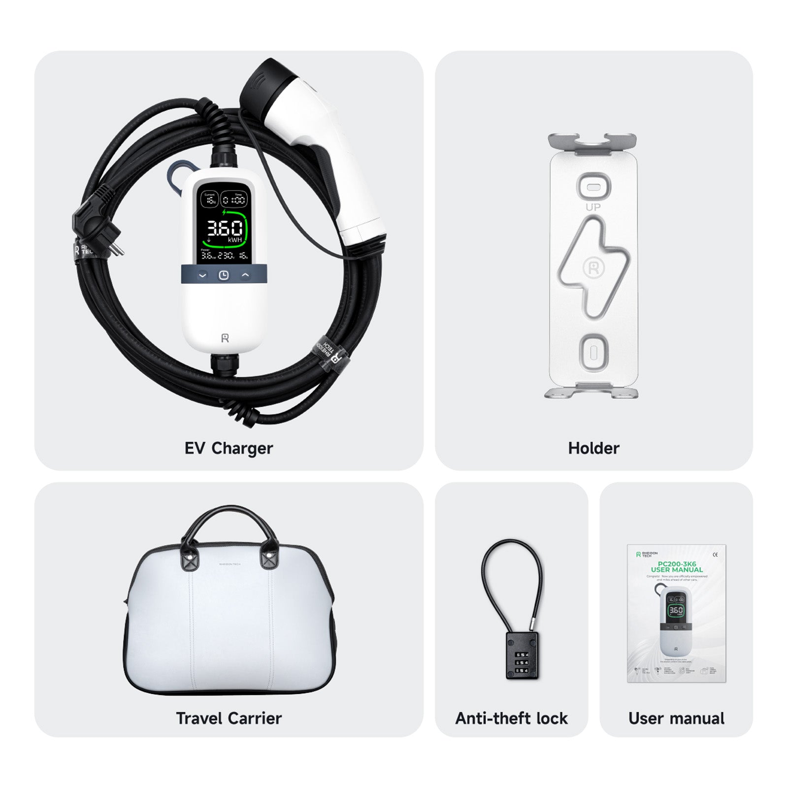 Complete EV charger set including 11kW portable charger with Type 2 plug, wall-mounted holder, travel carrier bag, anti-theft lock, and user manual