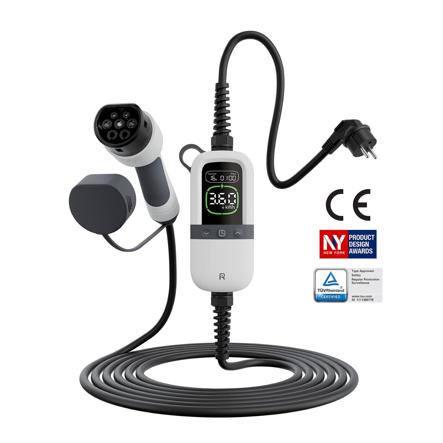 Portable 3.6kW EV charger with digital display, Type 2 plug, CE and TÜV Rheinland certified, award-winning design