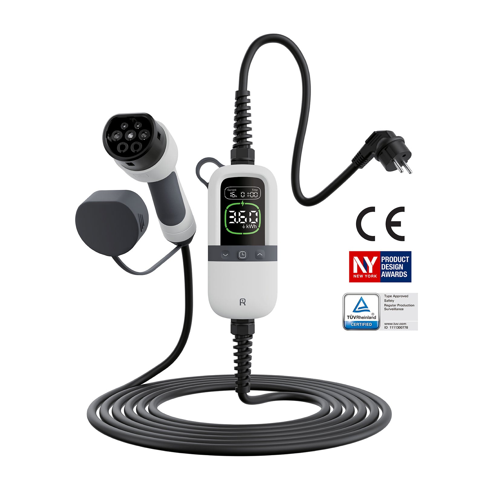 Portable 3.6kW EV charger with digital display, Type 2 plug, CE and TÜV Rheinland certified, award-winning design