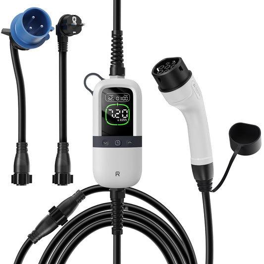 Rheidon 7.2kW portable EV charger with Type 2 plug, digital display, and dual adapters (CEE 32A blue industrial plug and EU household Schuko plug)