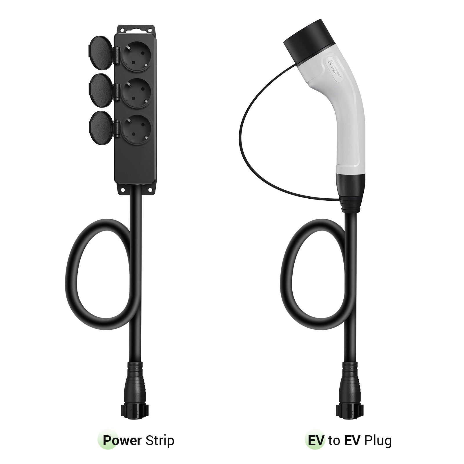 EV charging accessories including a 4-socket weatherproof power strip and a Type 2 to Type 2 extension cable with twist-lock connectors