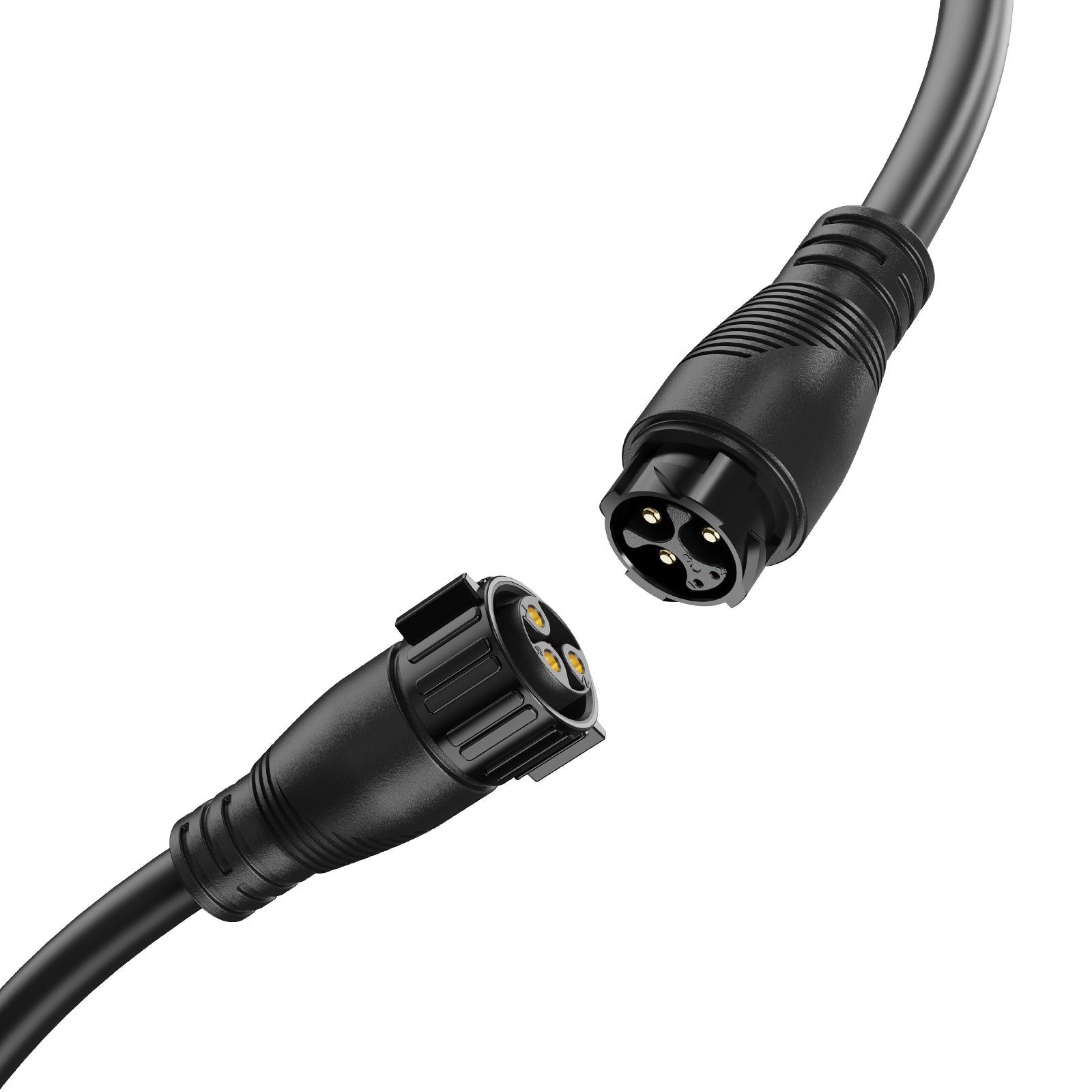 Close-up of detachable EV charger connector interface with 3-pin male and female locking plugs for safe and quick power cable swapping