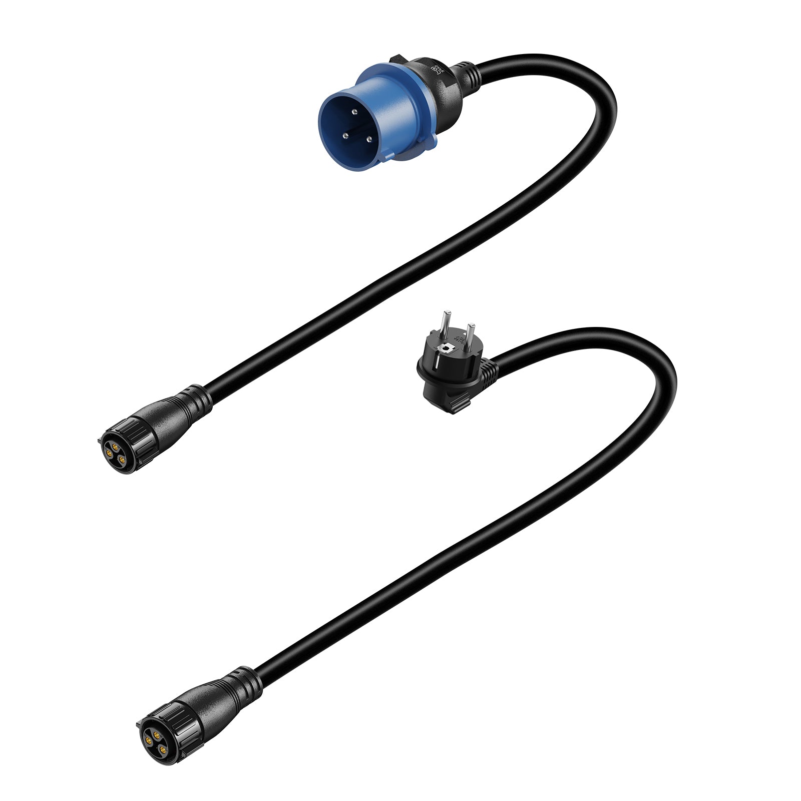 Set of EV charger input cables featuring a 32A blue CEE industrial plug and a standard EU Schuko household plug, compatible with Rheidon portable chargers