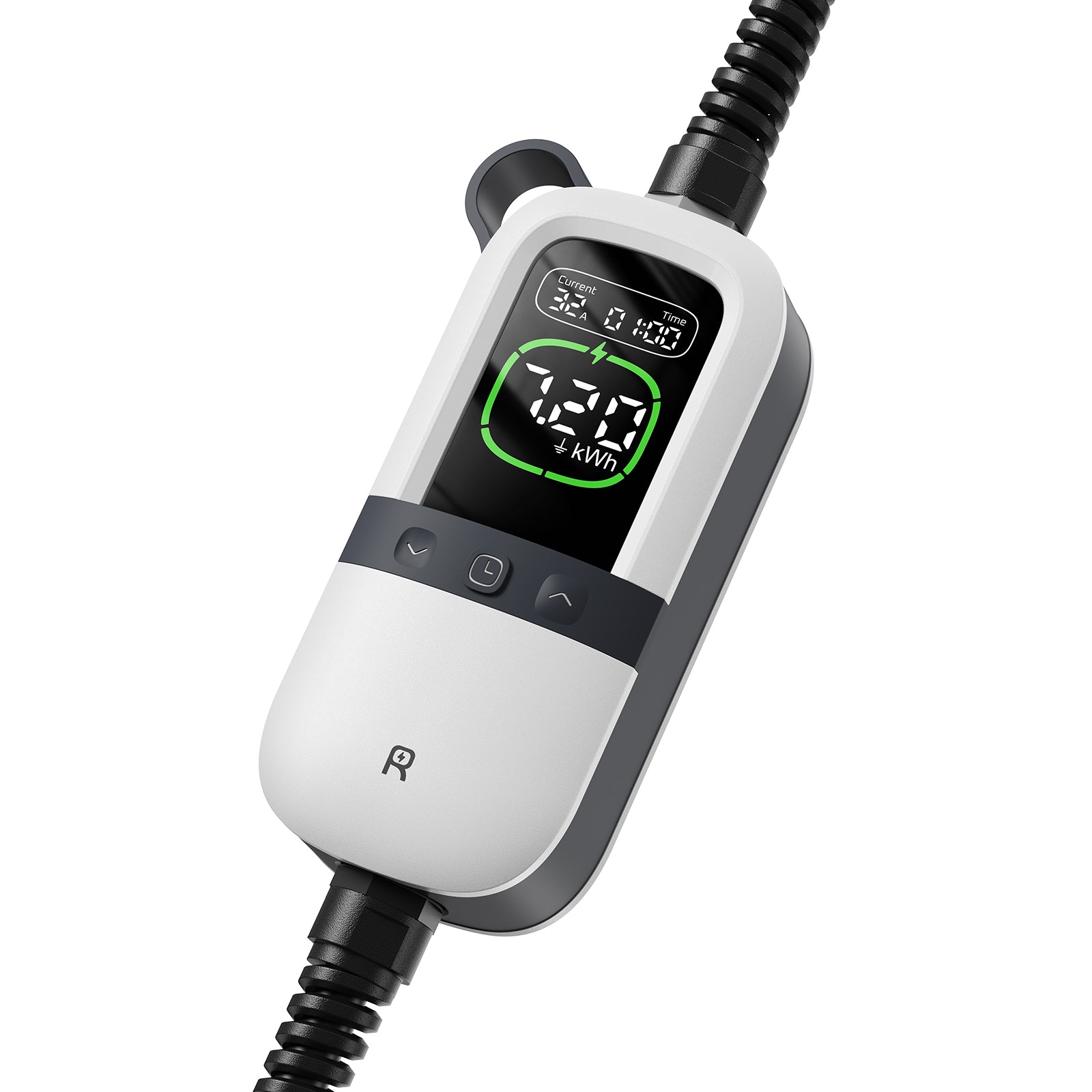 Close-up of Rheidon EV charger control unit with LED display showing real-time charging data, featuring physical buttons for current and timer settings