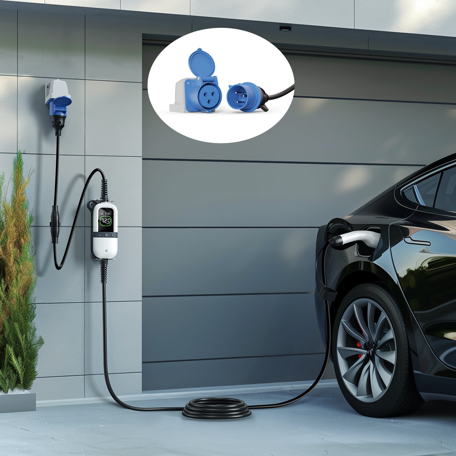 Wall-mounted Rheidon PC280 EV charger in home garage setup with coiled cable, CEE blue adapter, and Type 2 connector plugged into electric car