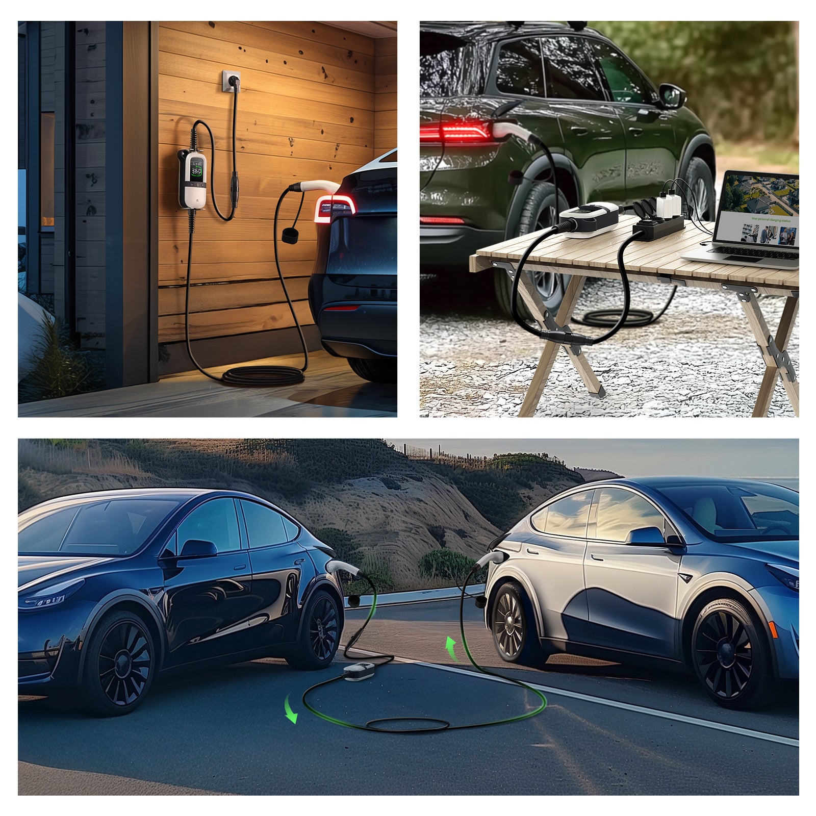 Rheidon EV charging kit in three scenarios: home wall-mounted charging, outdoor power supply for camping, and EV-to-EV bidirectional energy transfer
