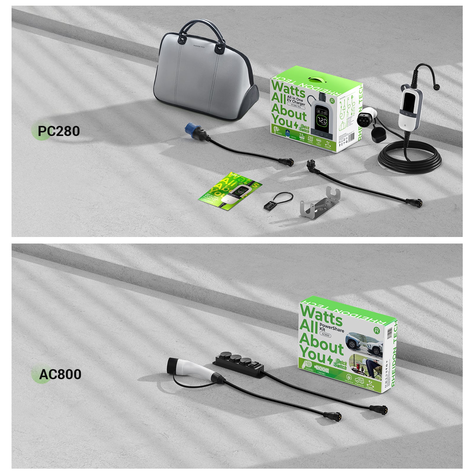 Rheidon PC280 and AC800 all-in-one EV charging kits with power adapters, travel case, portable charger, and quick-switch power strip
