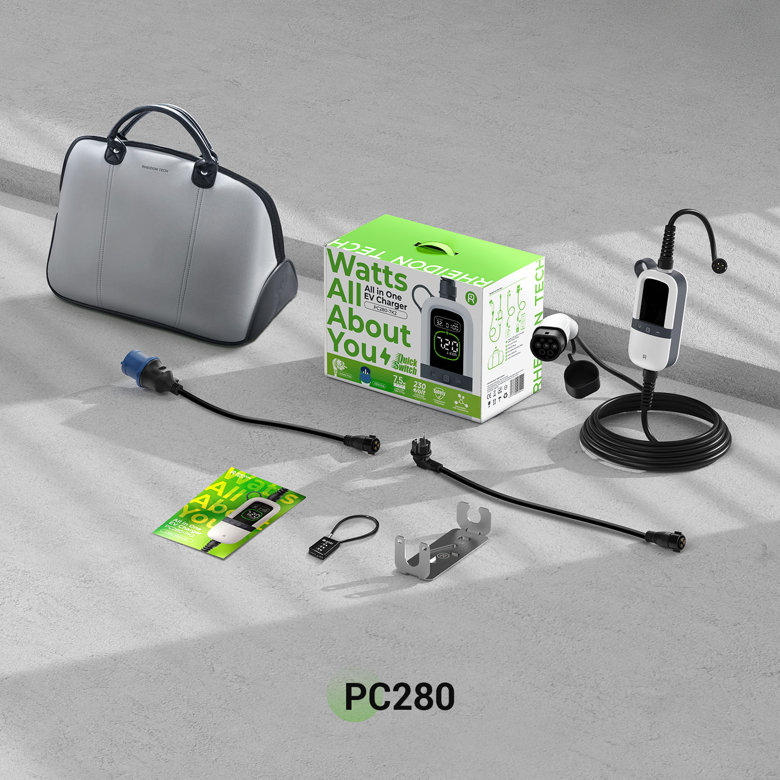 Full kit of Rheidon PC280 portable EV charger with dual plug adapters, Type 2 cable, storage bag, mounting kit, lock
and retail packaging