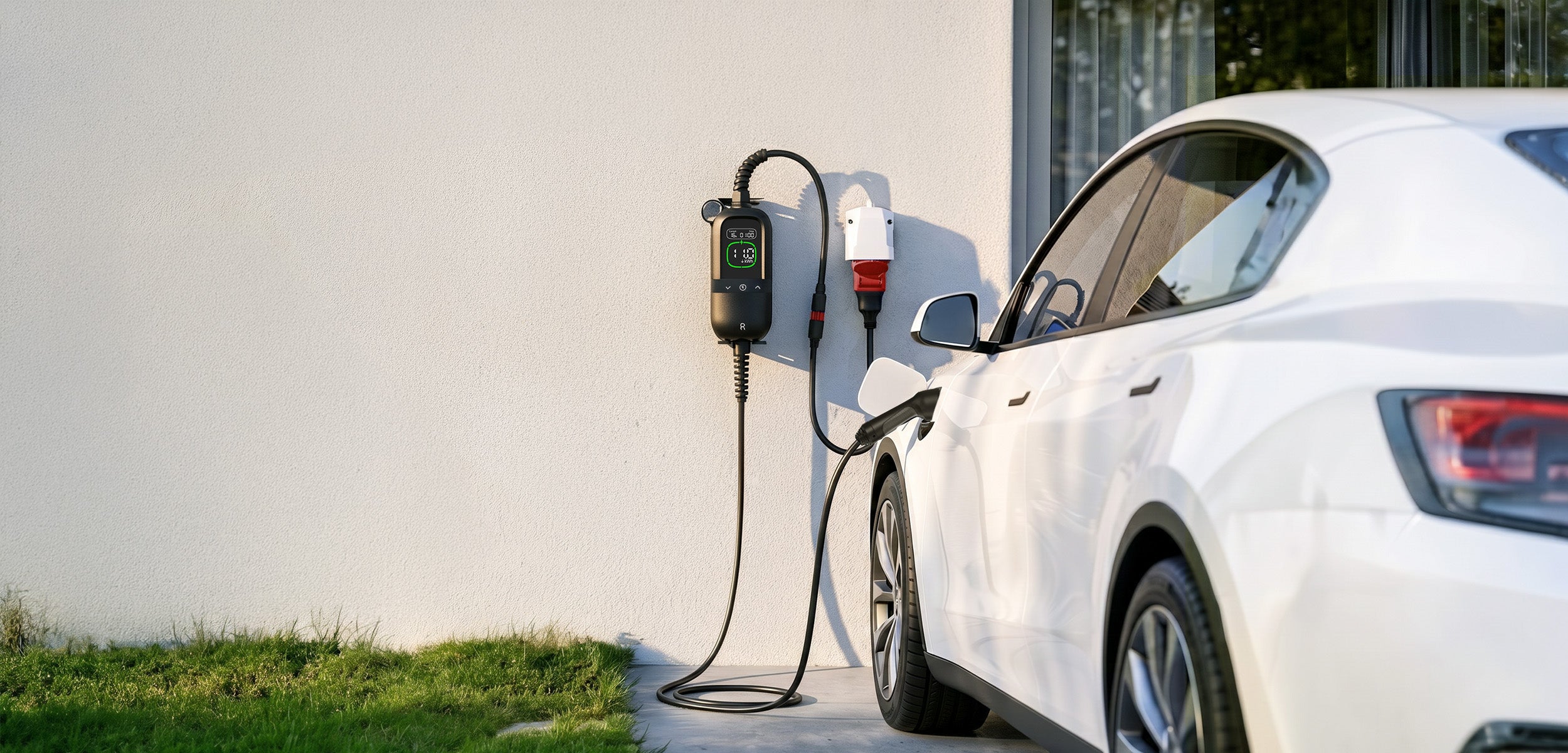 A electric vehicle is charged with a rheidon PC200 pro charger in a modern house
