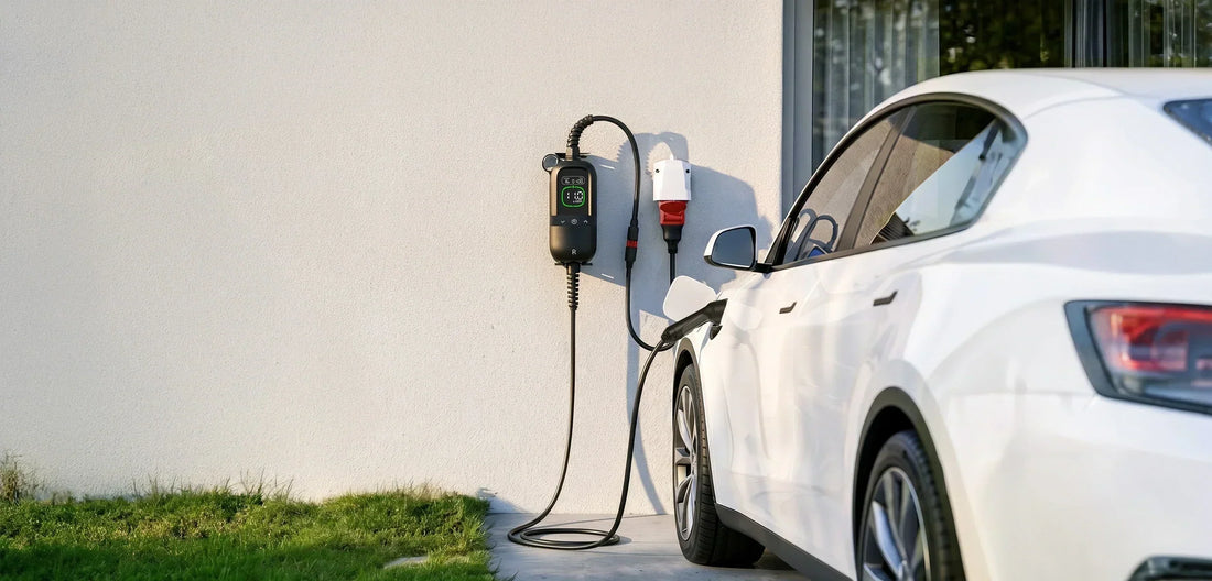 A electric vehicle is charged with a rheidon PC200 pro charger in a modern house 